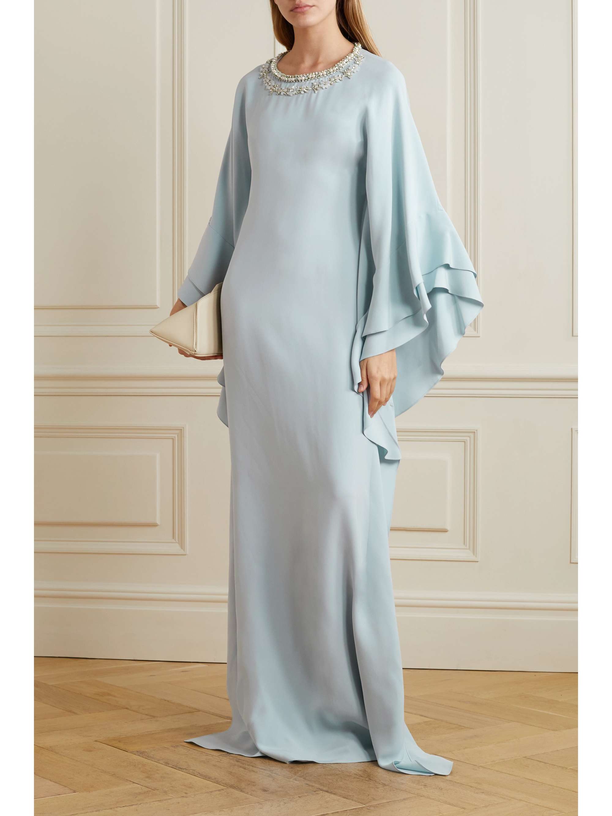 REEM ACRA 带缀饰荷叶边绉纱礼服
