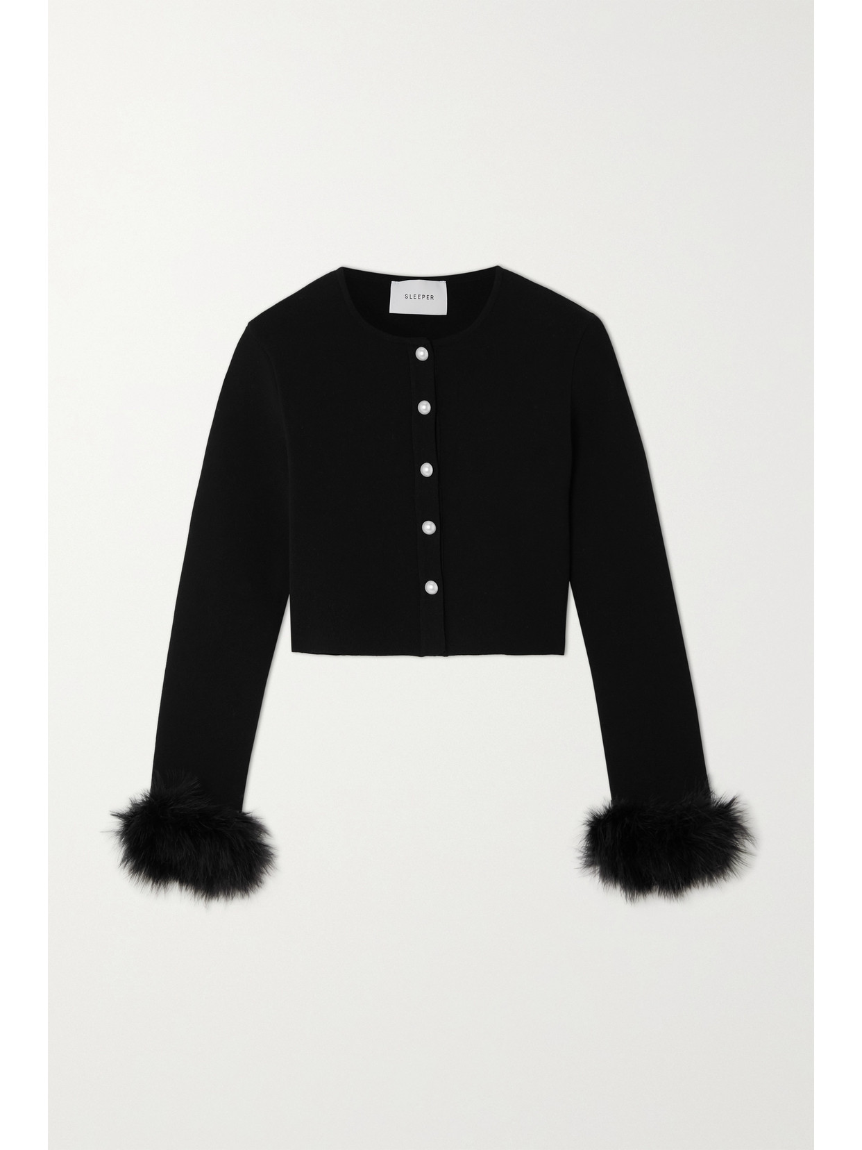 Sleeper + Net Sustain Feather-trimmed Knitted Cardigan In Black