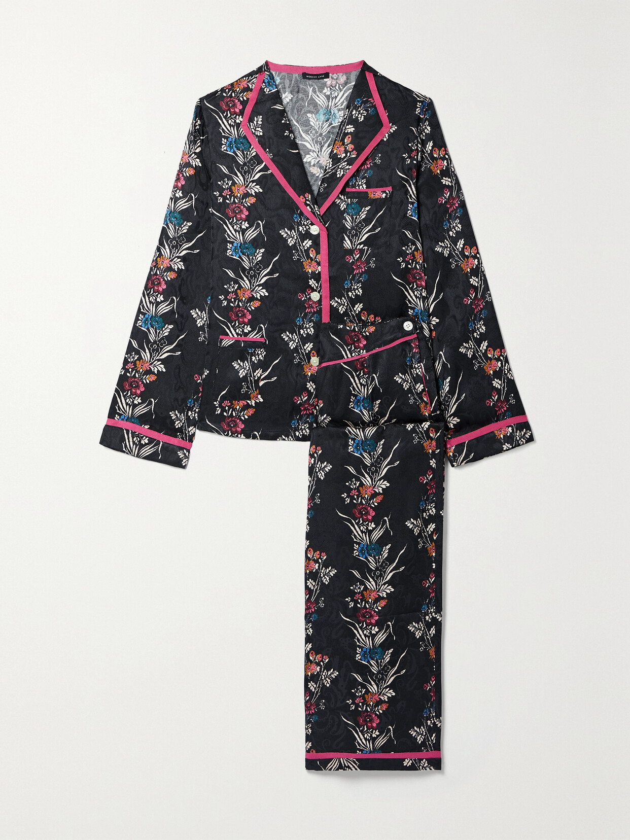 MORGAN LANE Mimi Martina Grosgrain-trimmed Floral-print Satin-jacquard Pajama Set - Black