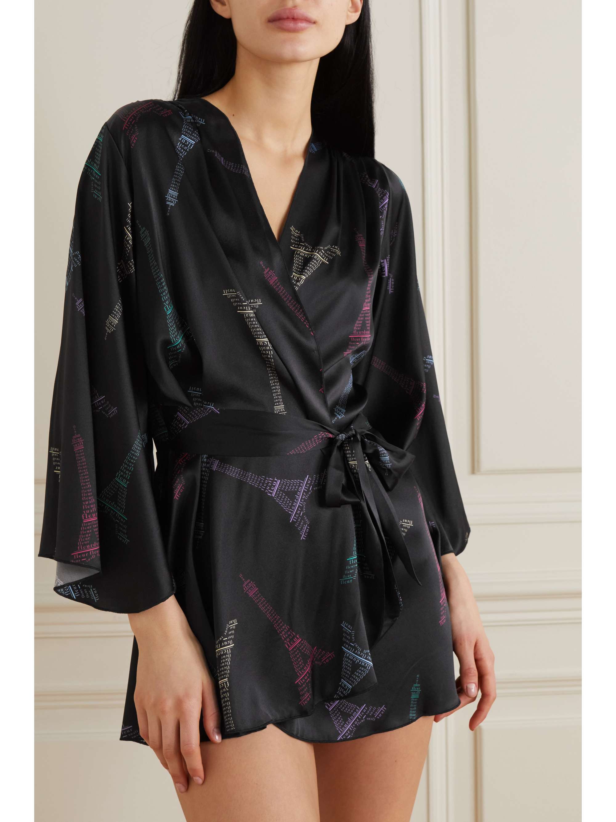 FLEUR DU MAL Belted printed stretch-silk satin robe