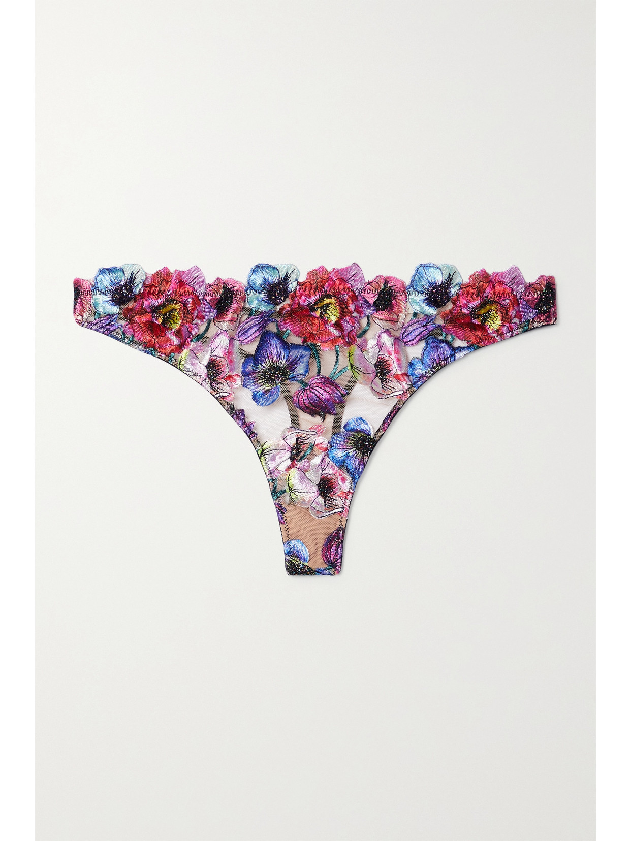 Fleur du Mal - Tuileries Satin-trimmed Embroidered Tulle Thong - 1 22 Awaiting product image