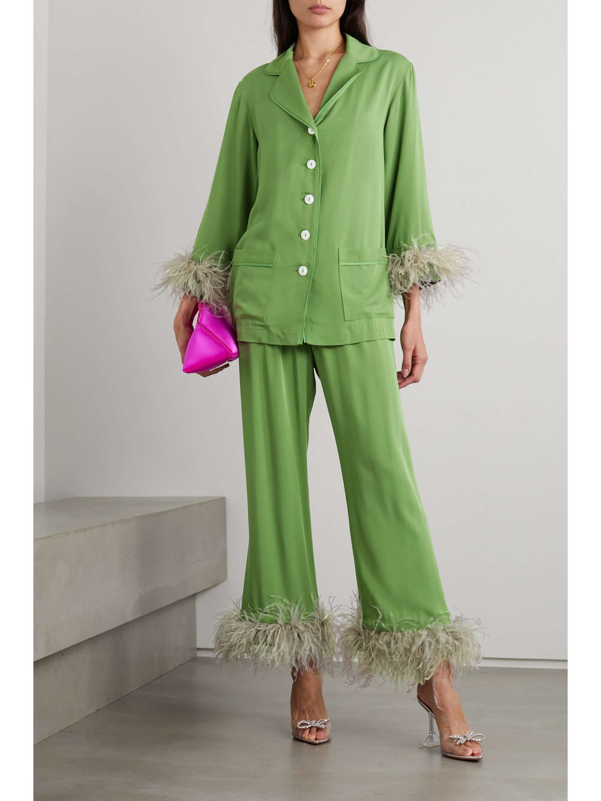 NET SUSTAIN Party feather-trimmed crepe 