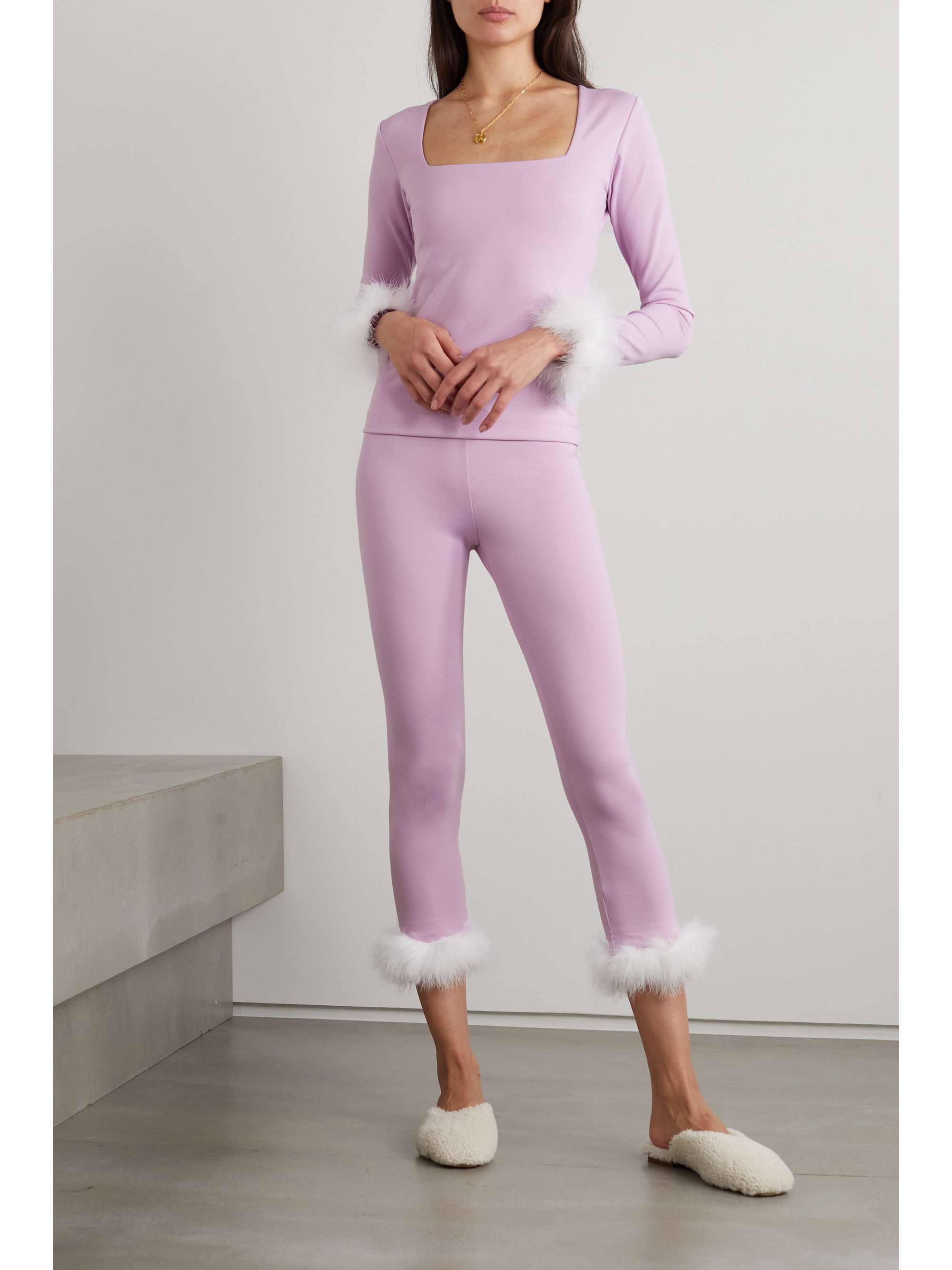 SLEEPER The Weekend Chic feather-trimmed recycled jersey top and leggings set