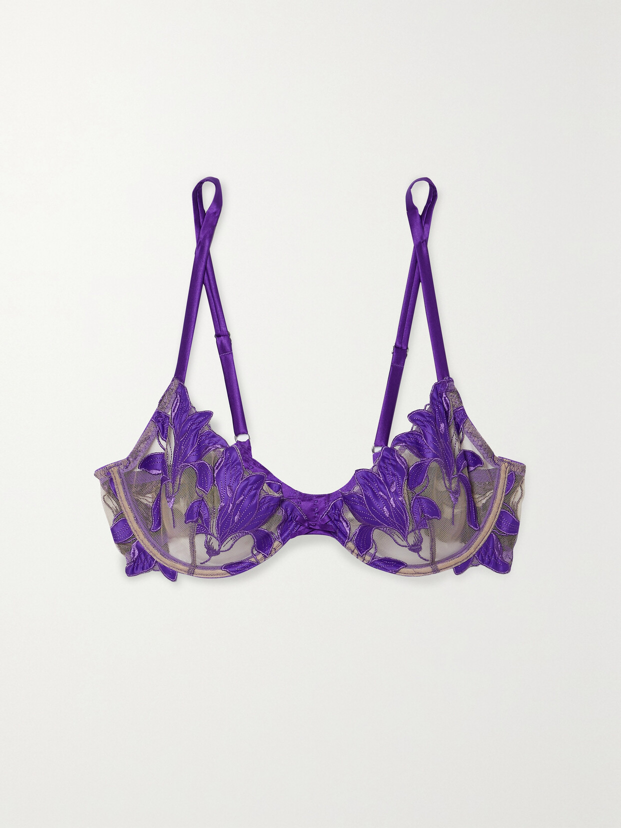 Fleur Du Mal Lily Embroidered Satin And Tulle Underwired Bra In Purple