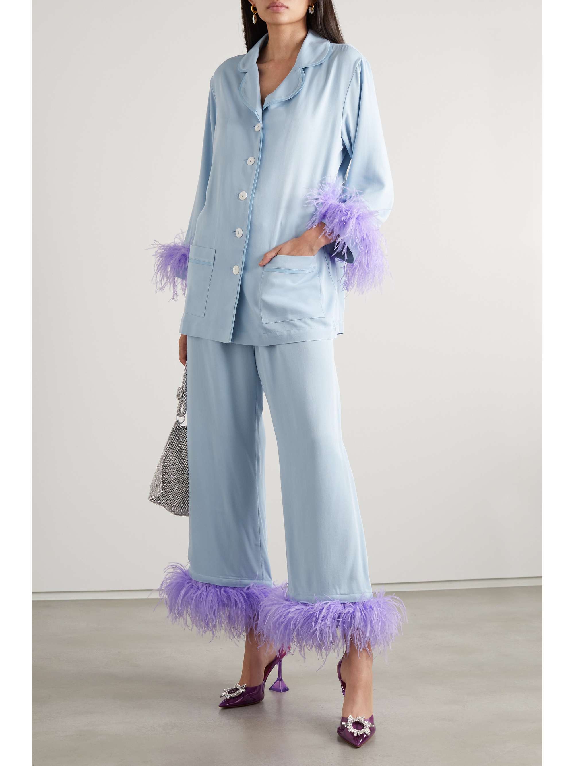 SLEEPER + NET SUSTAIN feather-trimmed crepe de chine pajama set | NET-A ...