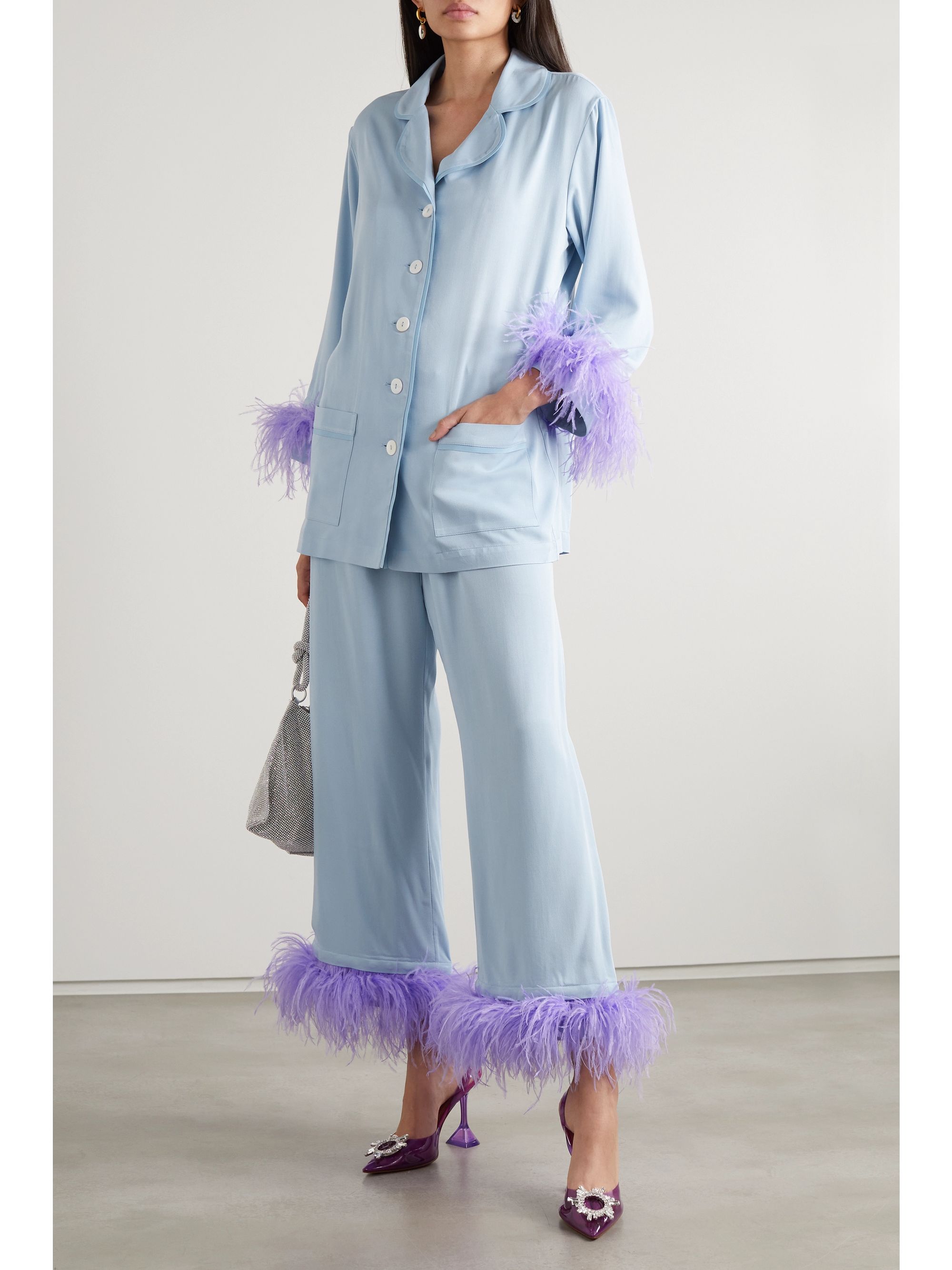 SLEEPER + NET SUSTAIN feather-trimmed crepe de chine pajama set