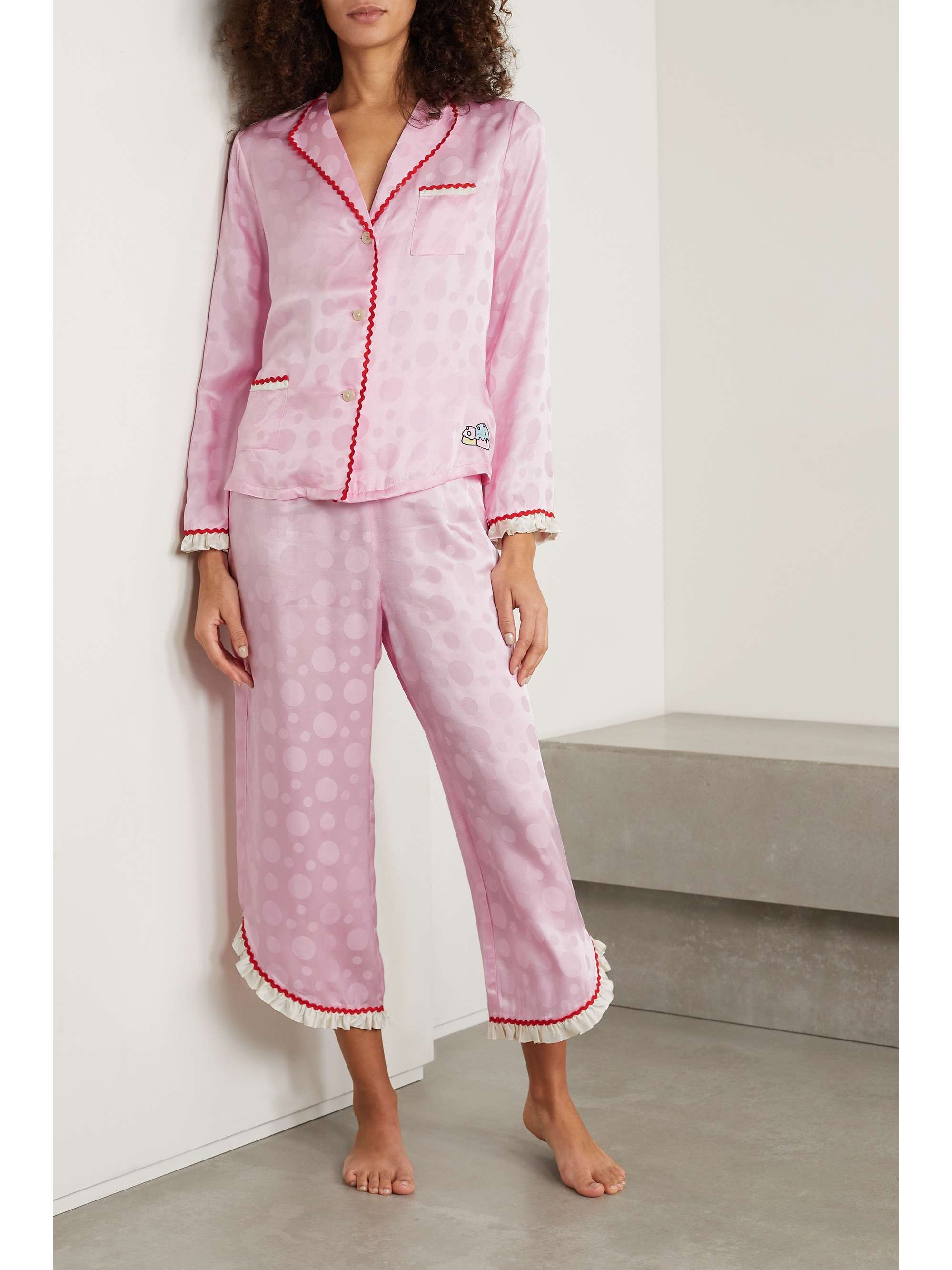 MORGAN LANE + Candy Land Mimi Margo ruffled embroidered satin-jacquard pajama set