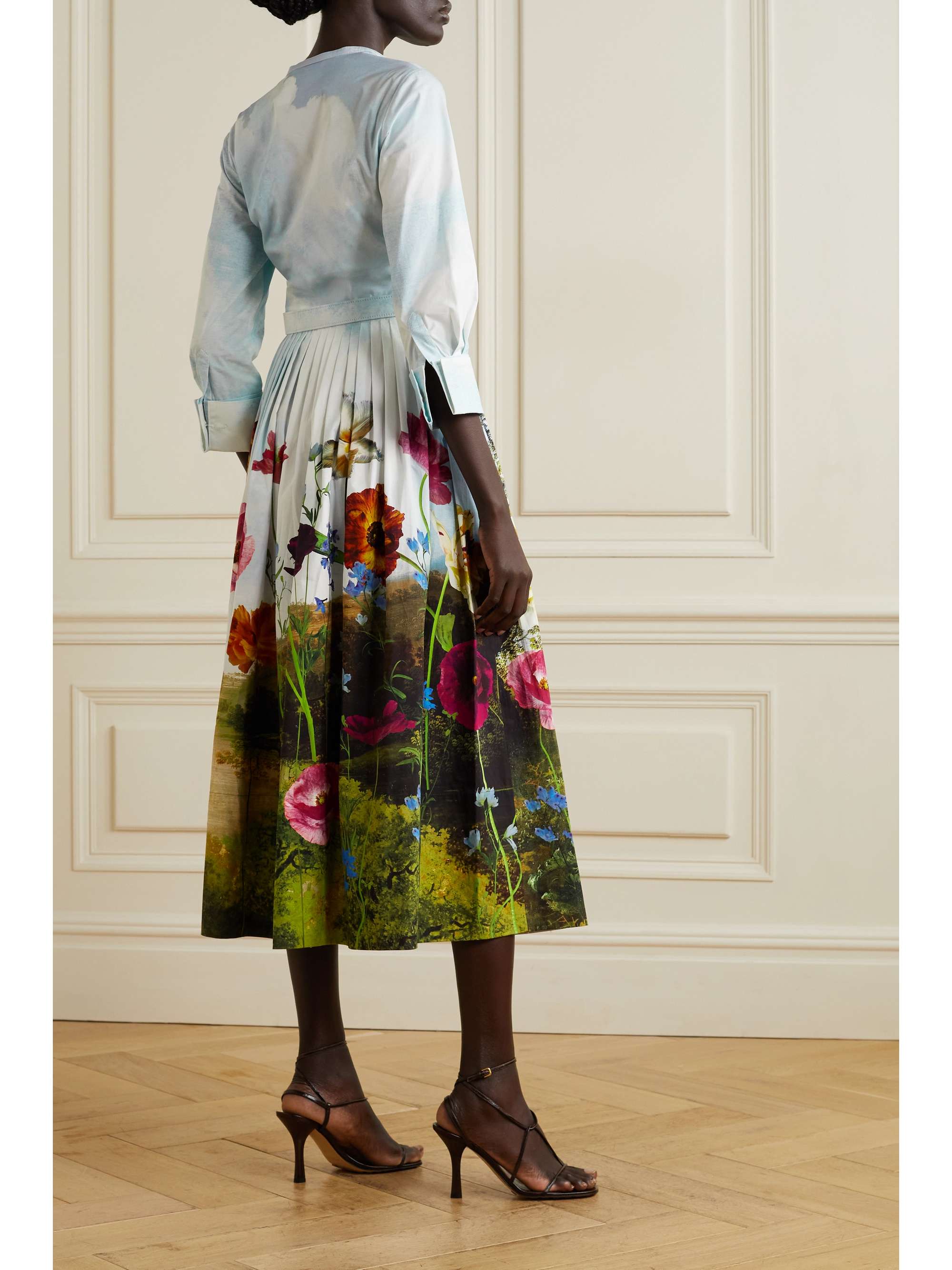 OSCAR DE LA RENTA Belted leather-trimmed printed cotton-poplin midi shirt dress