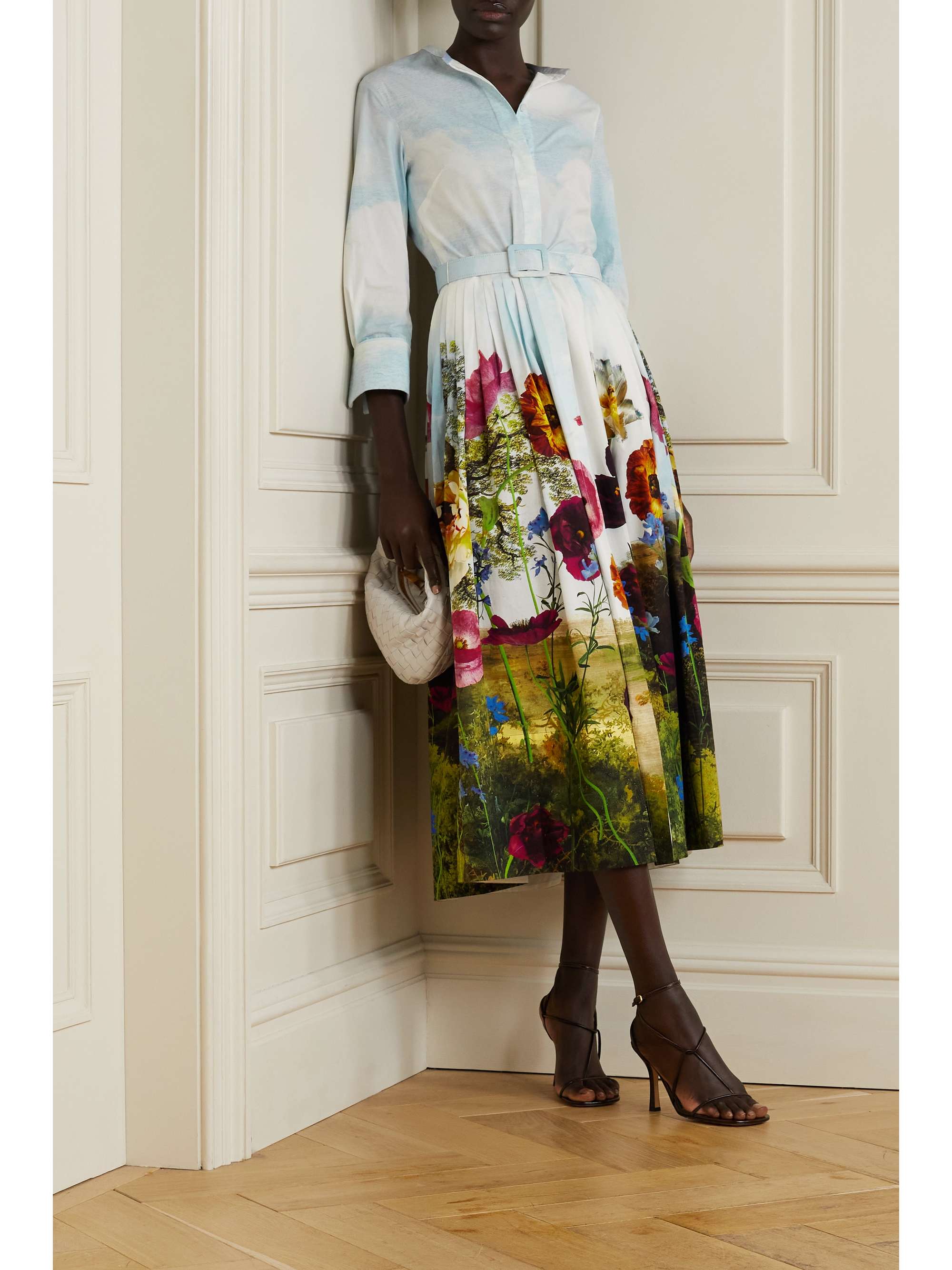 OSCAR DE LA RENTA Belted leather-trimmed printed cotton-poplin midi shirt dress