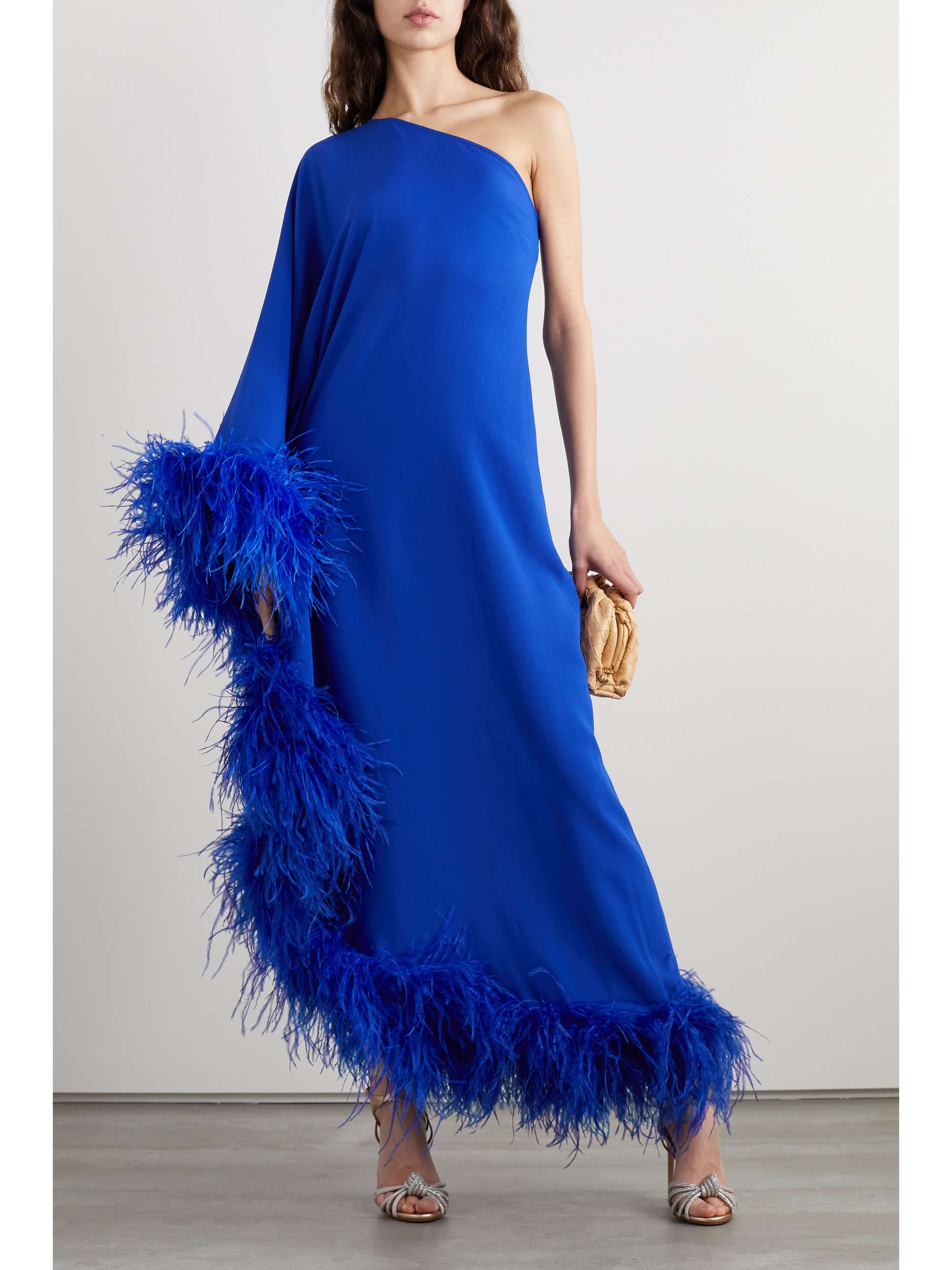 one shoulder feather dress