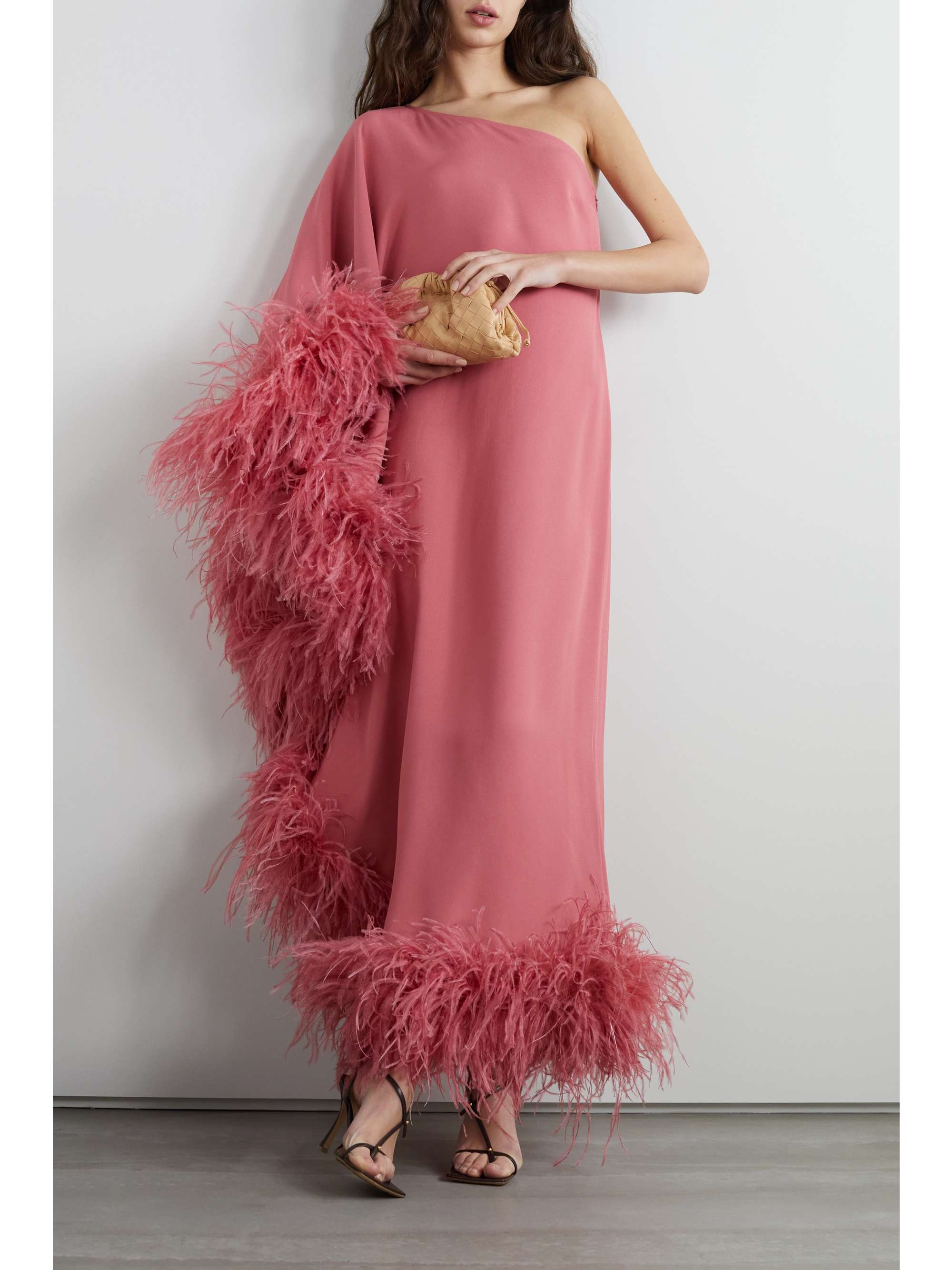 one shoulder feather dress