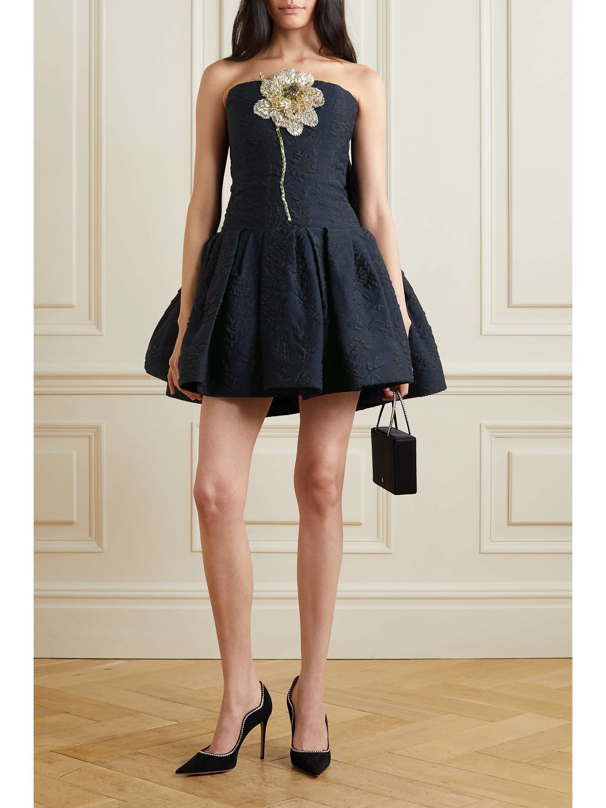 Black Embellished wool-blend cloqué 
