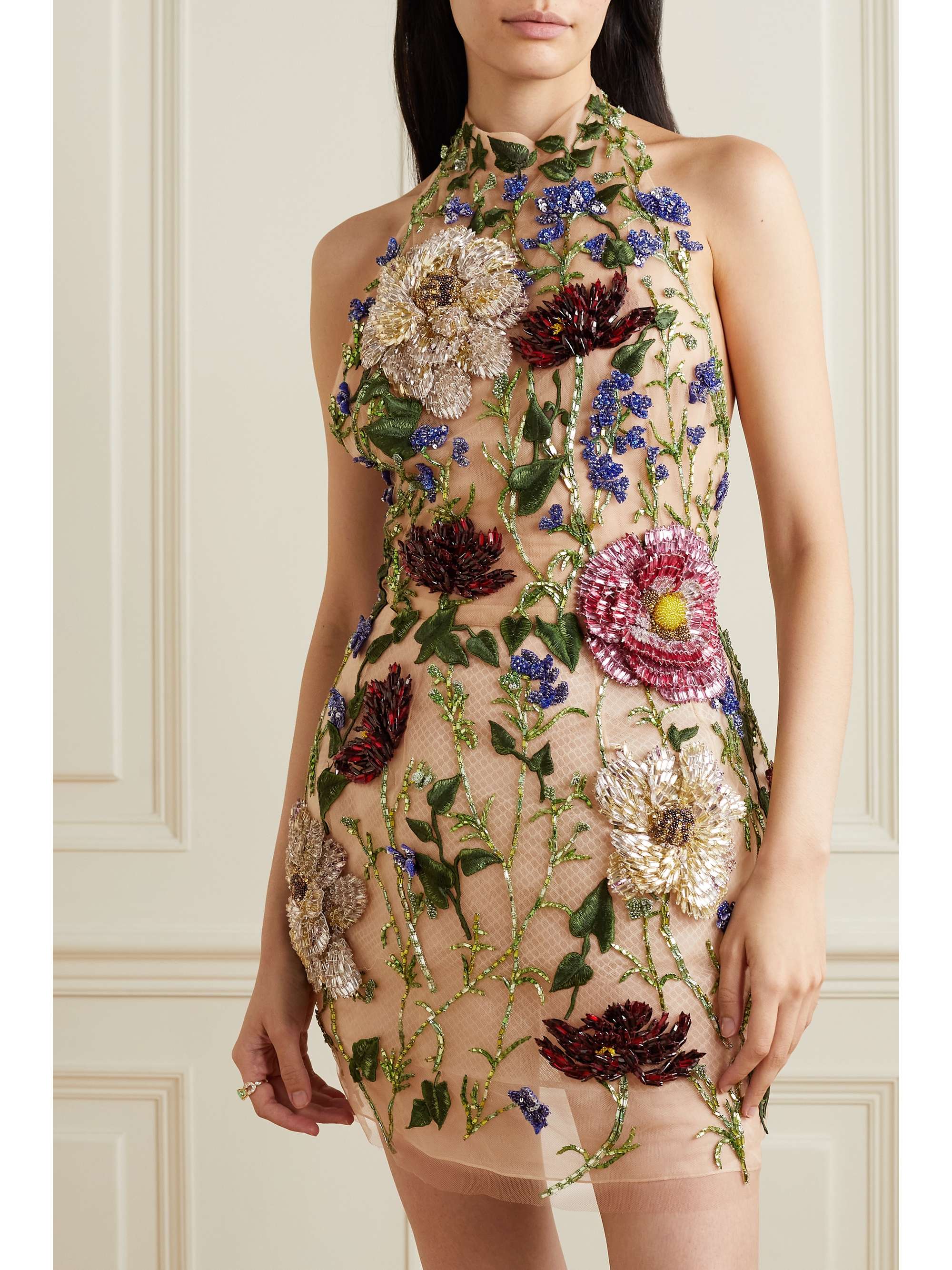 Beige Openback embellished tulle halterneck mini dress OSCAR DE LA