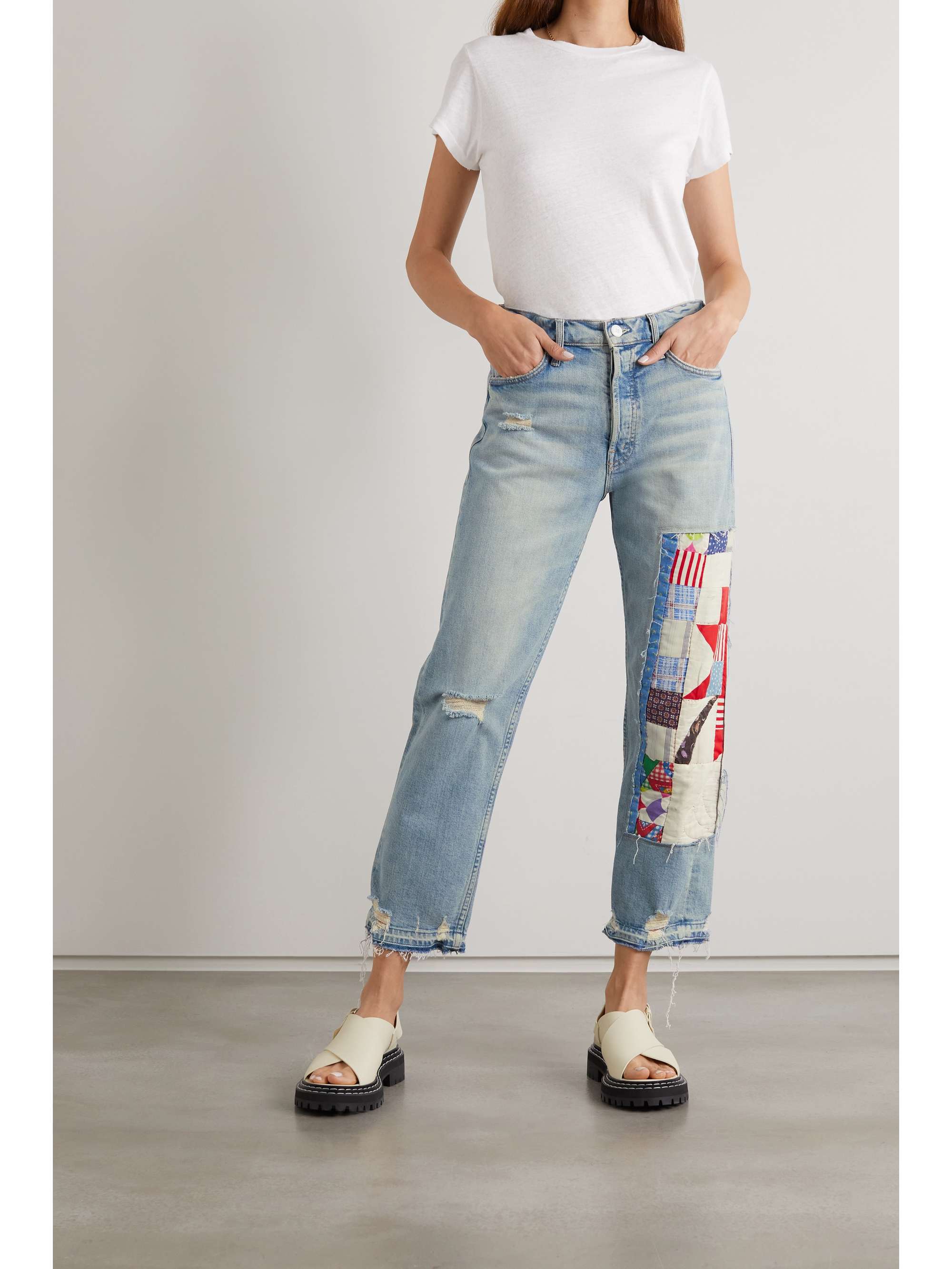 MOTHER + NET SUSTAIN + Carolyn Murphy The Tomcat distressed patchwork high-rise straight-leg jeans