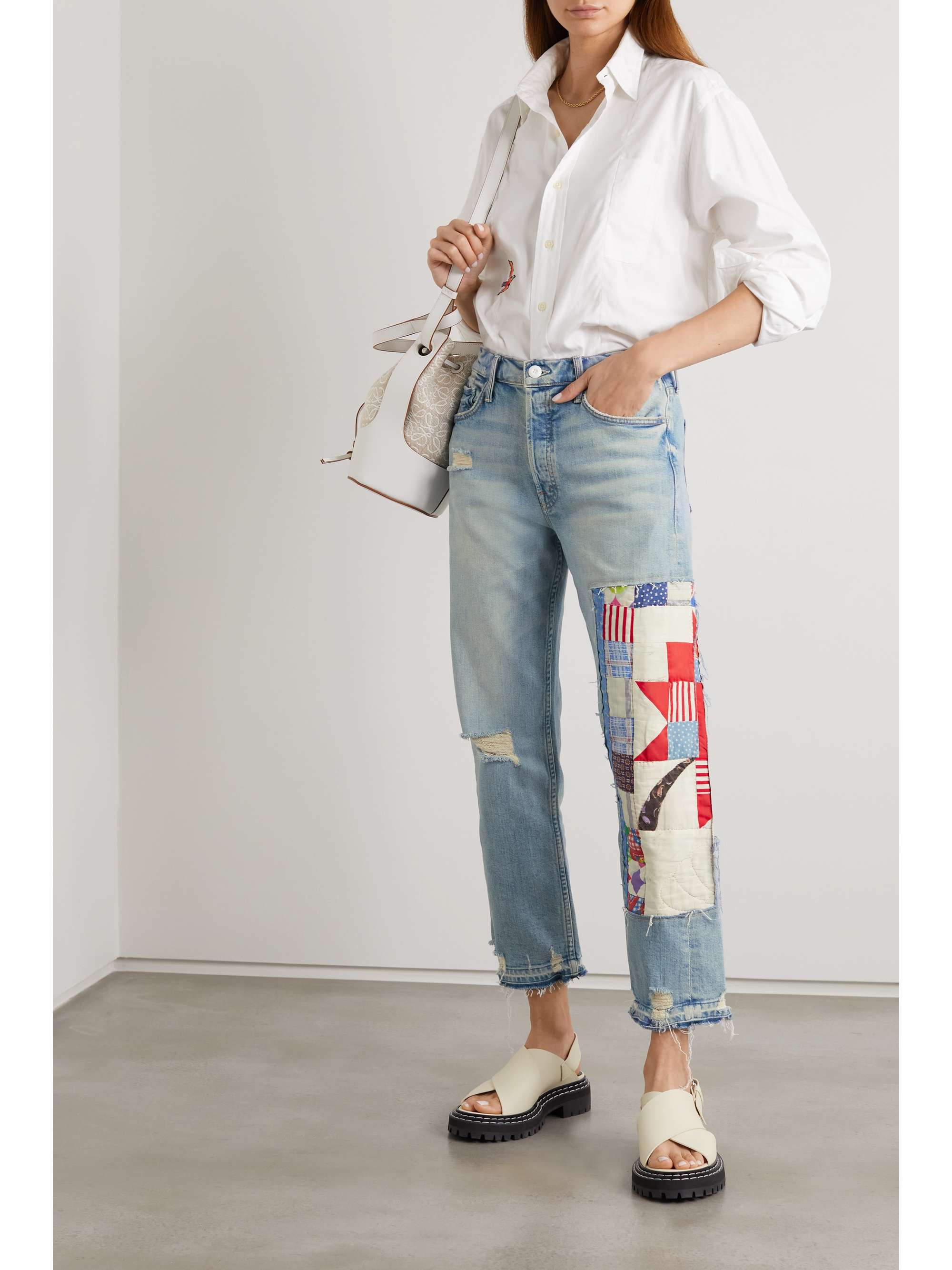 MOTHER + NET SUSTAIN + Carolyn Murphy The Tomcat distressed patchwork high-rise straight-leg jeans