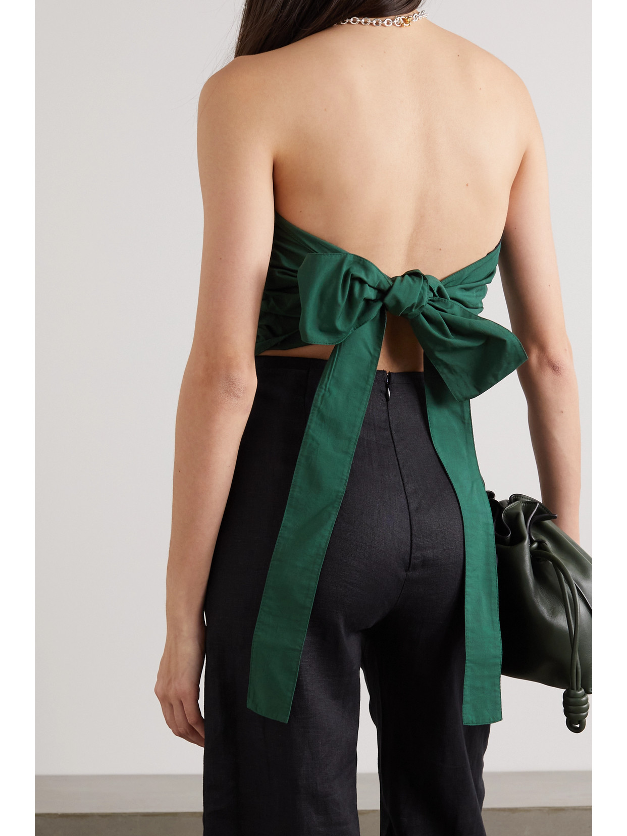 Bassike Strapless Cropped Gathered Cotton-poplin Top In Green