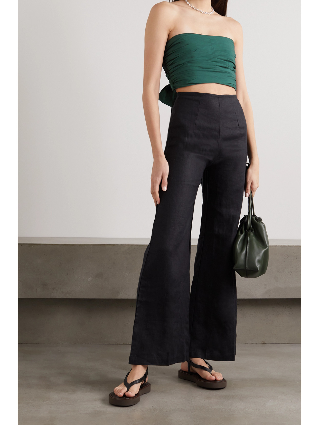 Bassike Strapless Cropped Gathered Cotton-poplin Top In Green