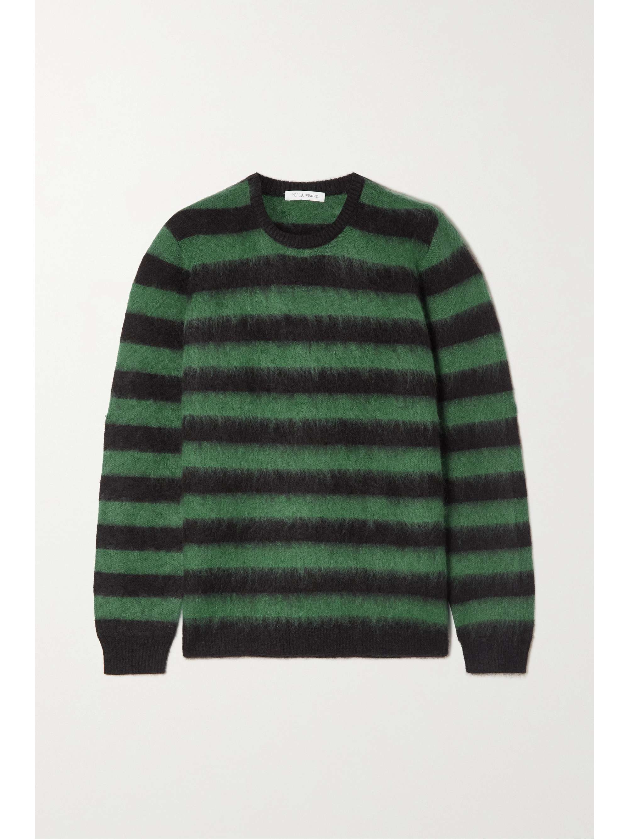green and navy striped sweater