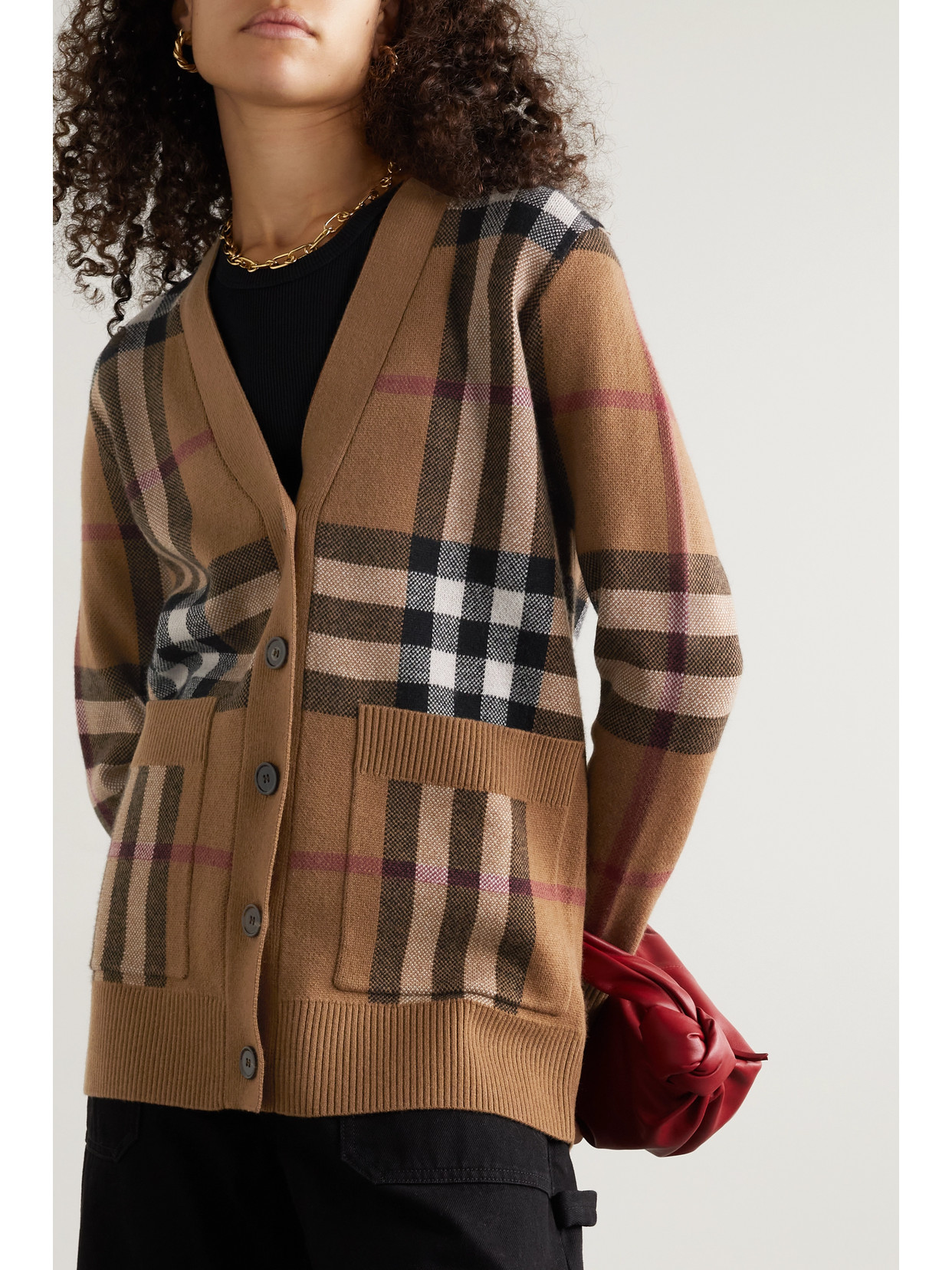 Shop Burberry Checked Wool And Cashmere-blend Cardigan In Brown