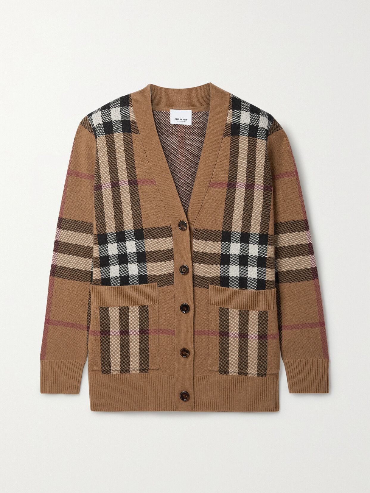 Shop Burberry Checked Wool And Cashmere-blend Cardigan In Brown