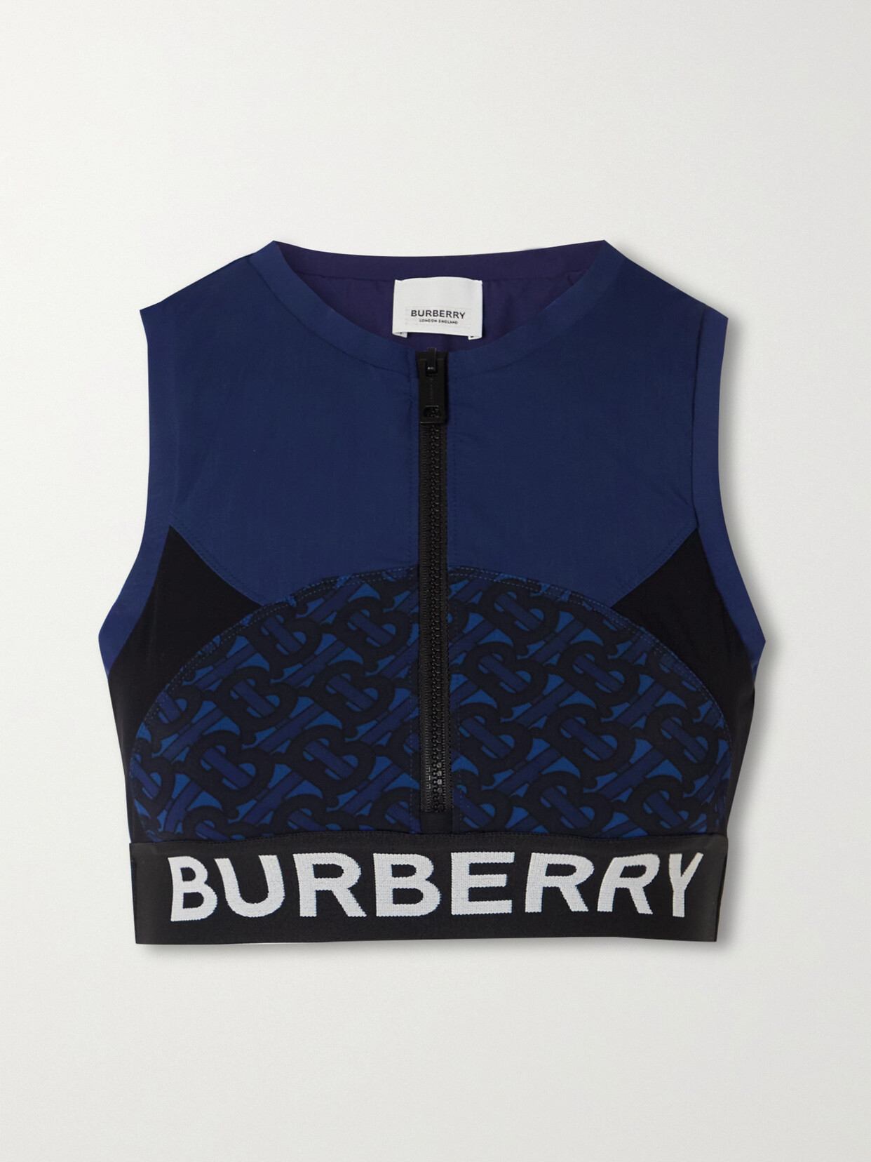 Shop Burberry Paneled Printed Stretch-jersey Sports Bra In Blue