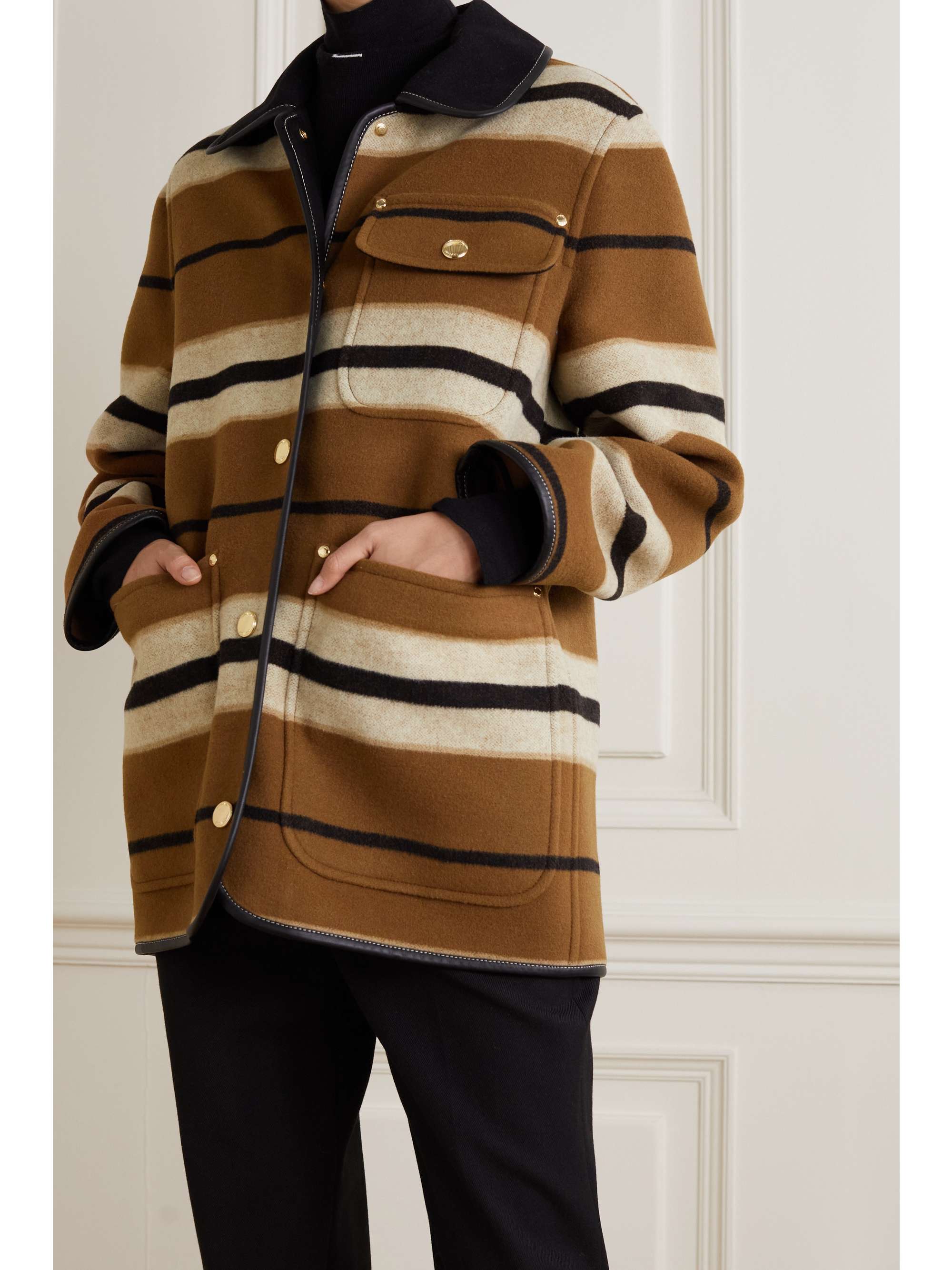 BURBERRY Leather-trimmed striped wool jacket