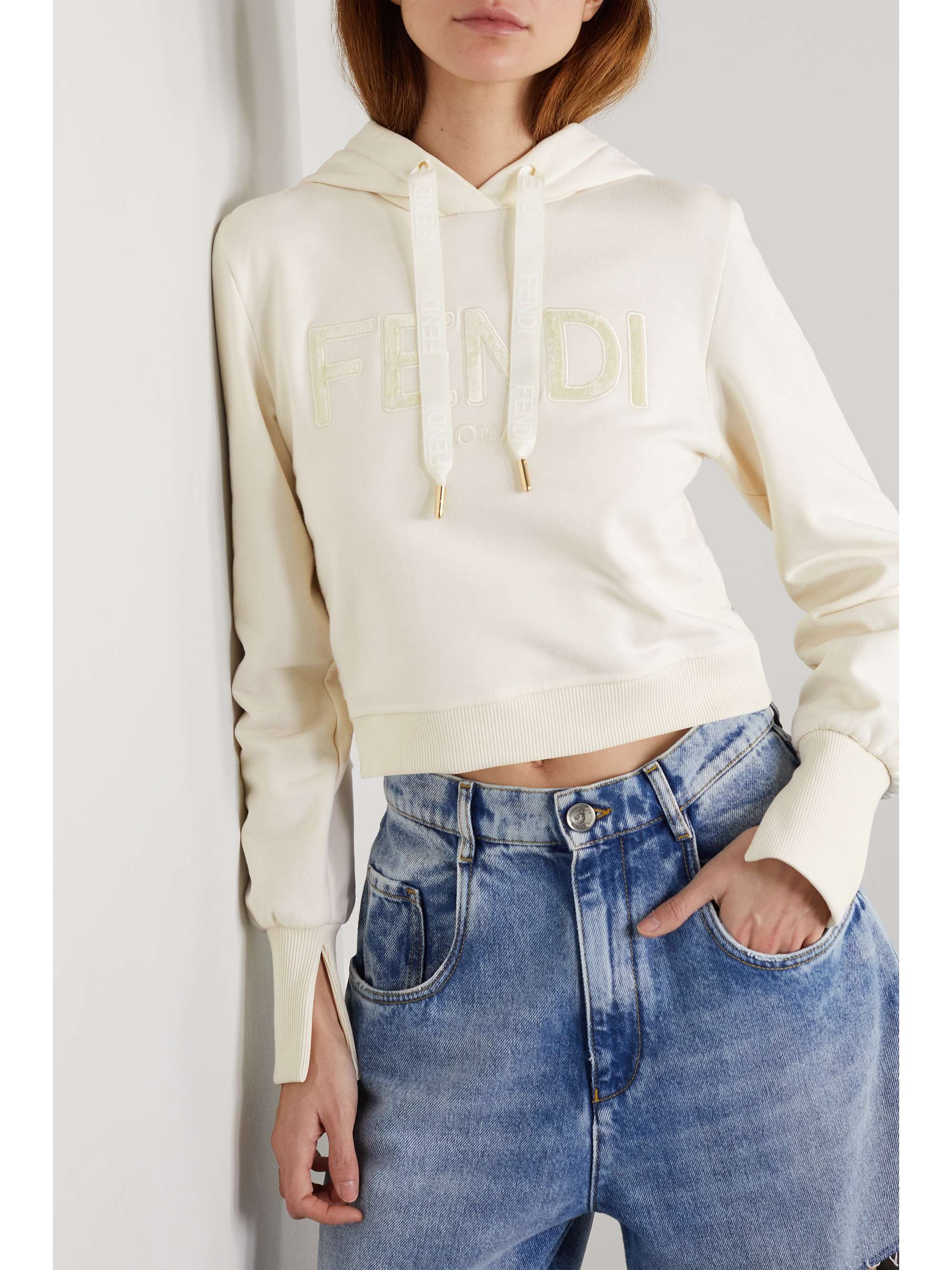 FENDI Cropped appliquéd embroidered cotton-jersey hoodie