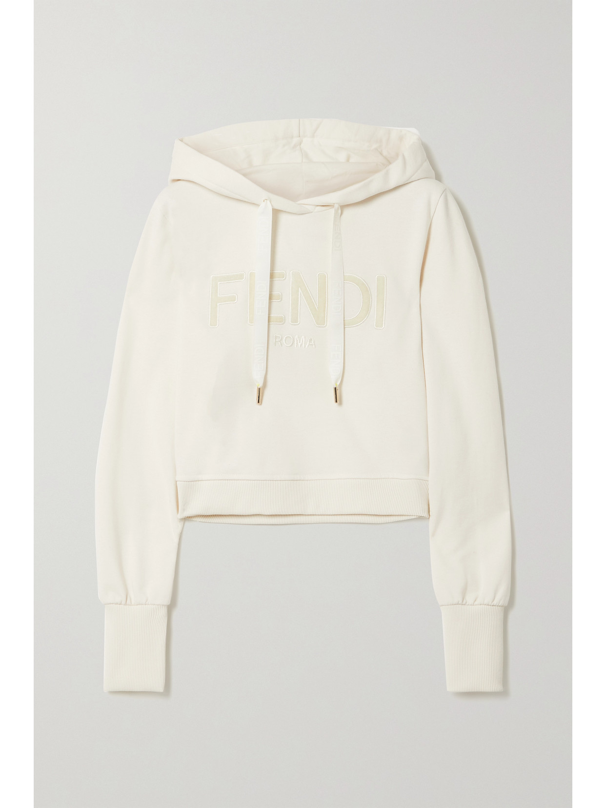 FENDI CROPPED APPLIQUÉD EMBROIDERED COTTON-JERSEY HOODIE