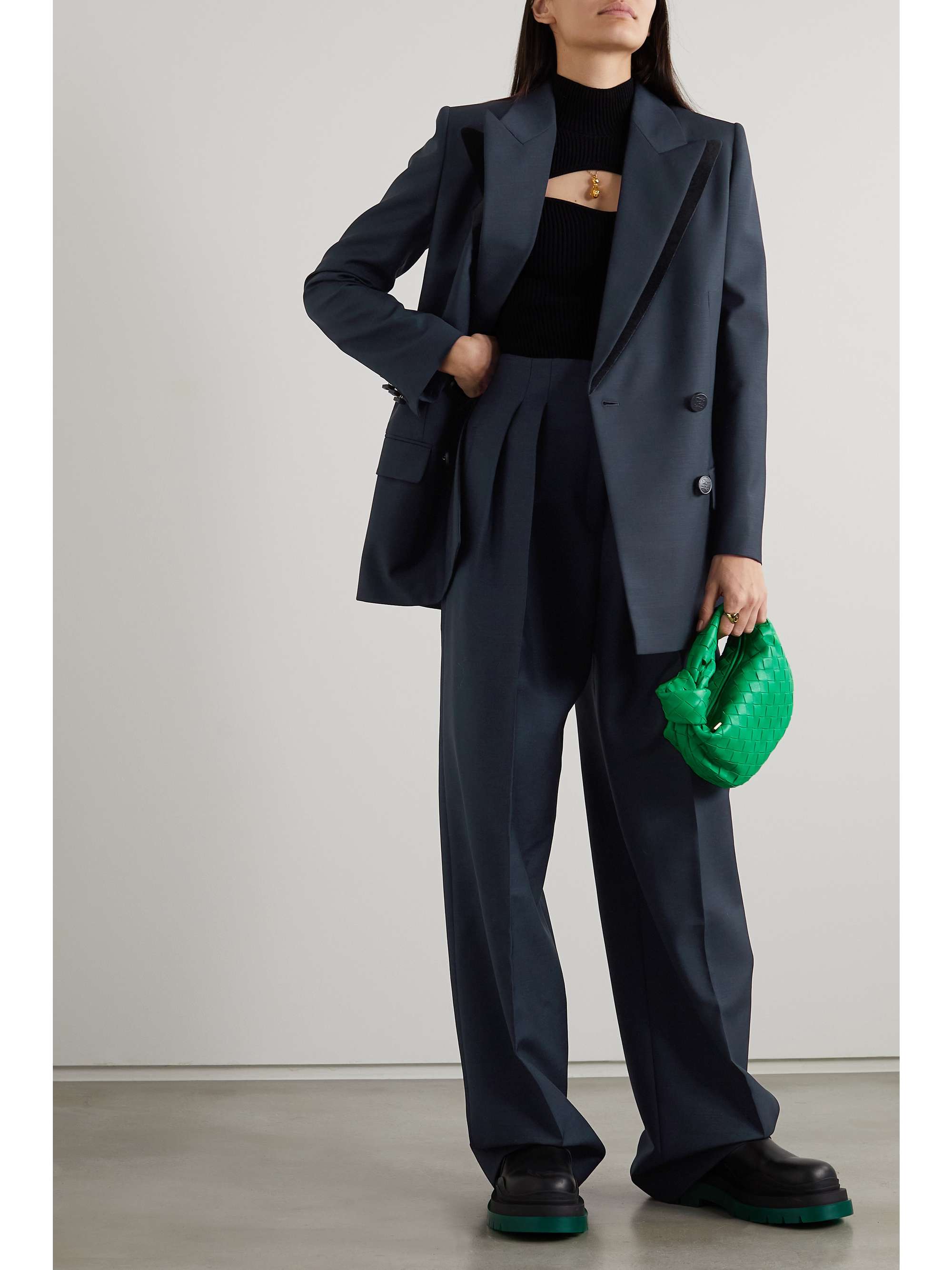 Navy Pleated mohair and wool-blend wide 