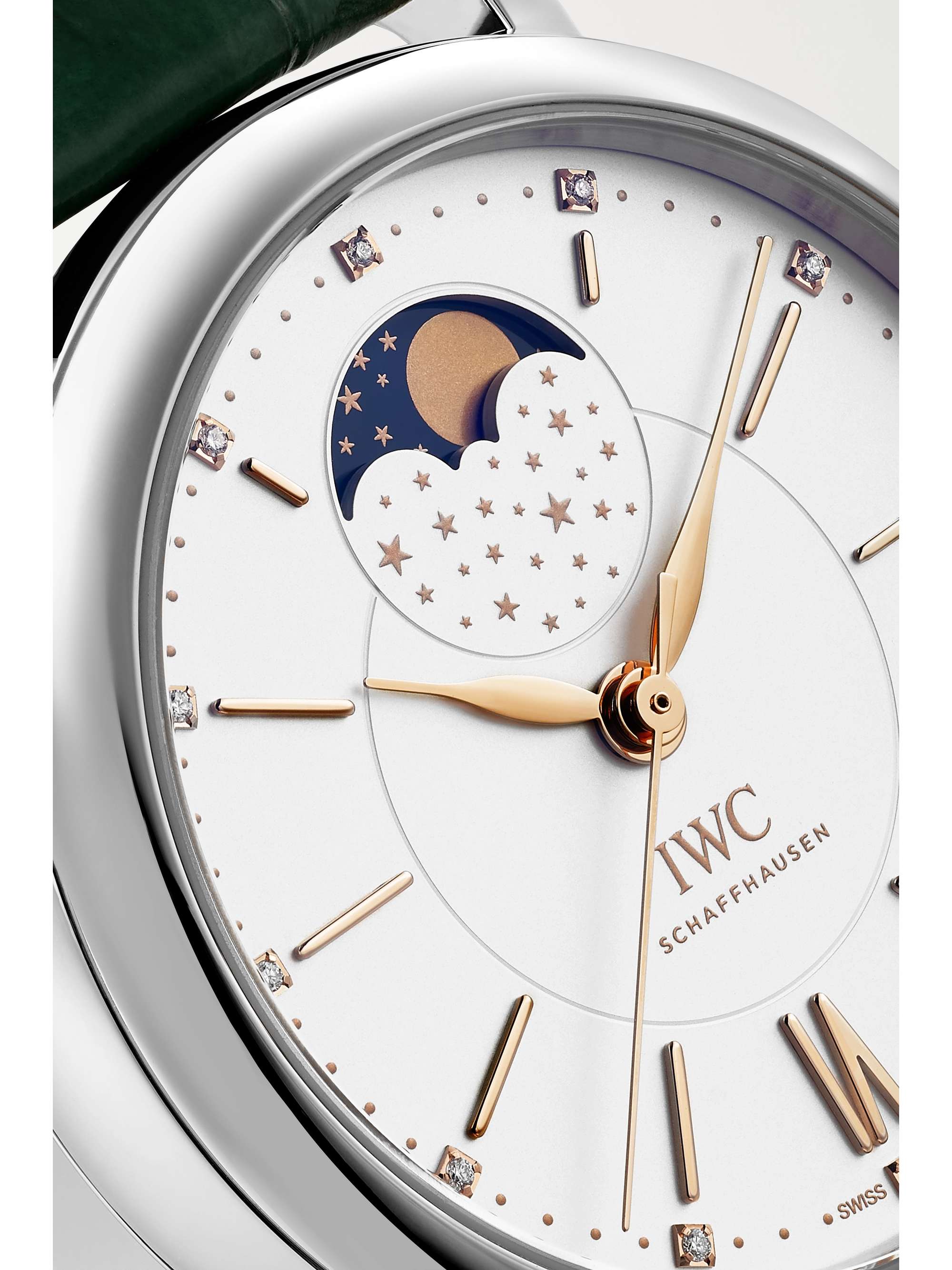 IWC SCHAFFHAUSEN Montre en acier inoxydable et diamants à bracelet en cuir texturé Portofino Automatic Phase de Lune, 37 mm