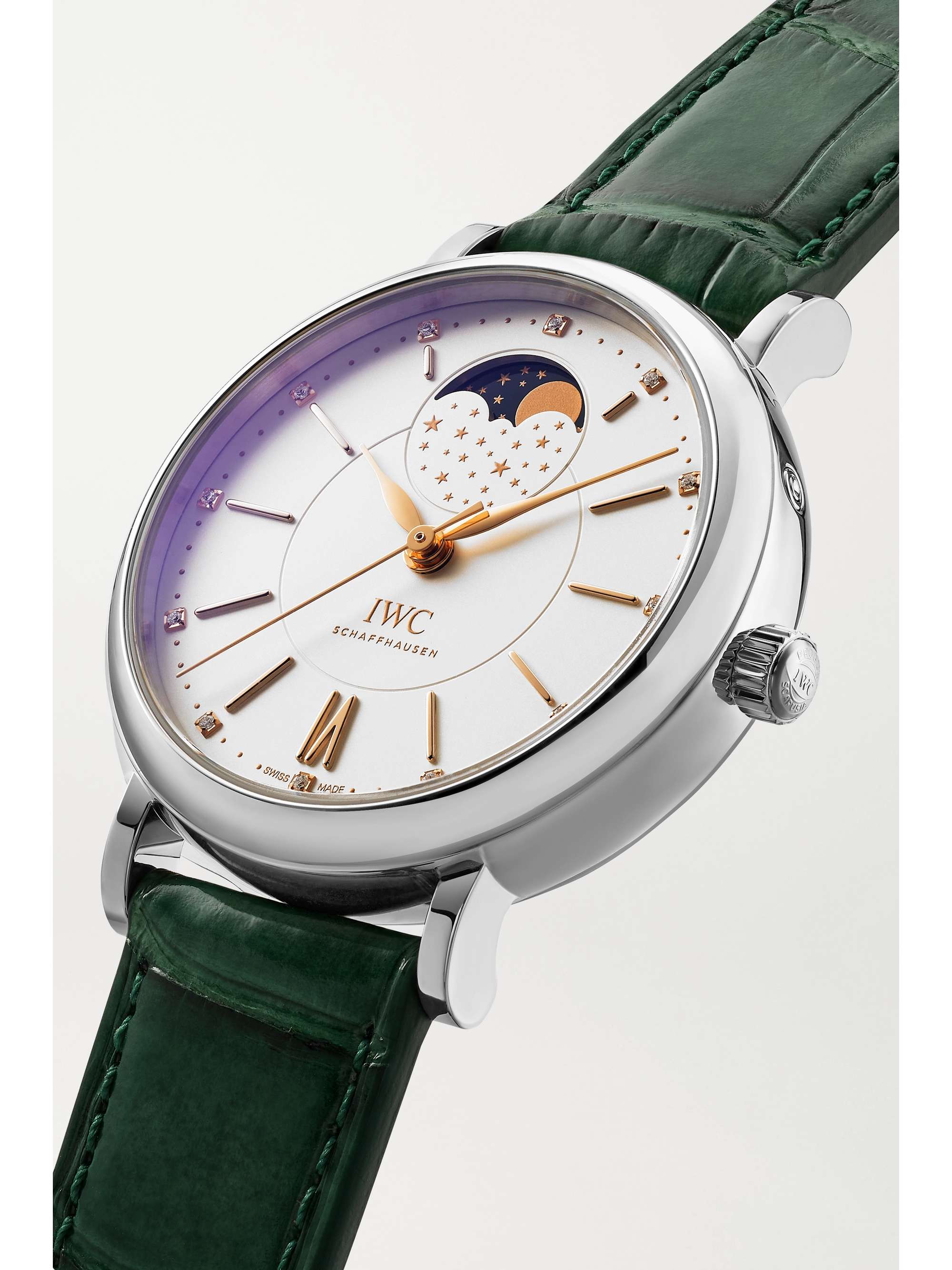 IWC SCHAFFHAUSEN Montre en acier inoxydable et diamants à bracelet en cuir texturé Portofino Automatic Phase de Lune, 37 mm