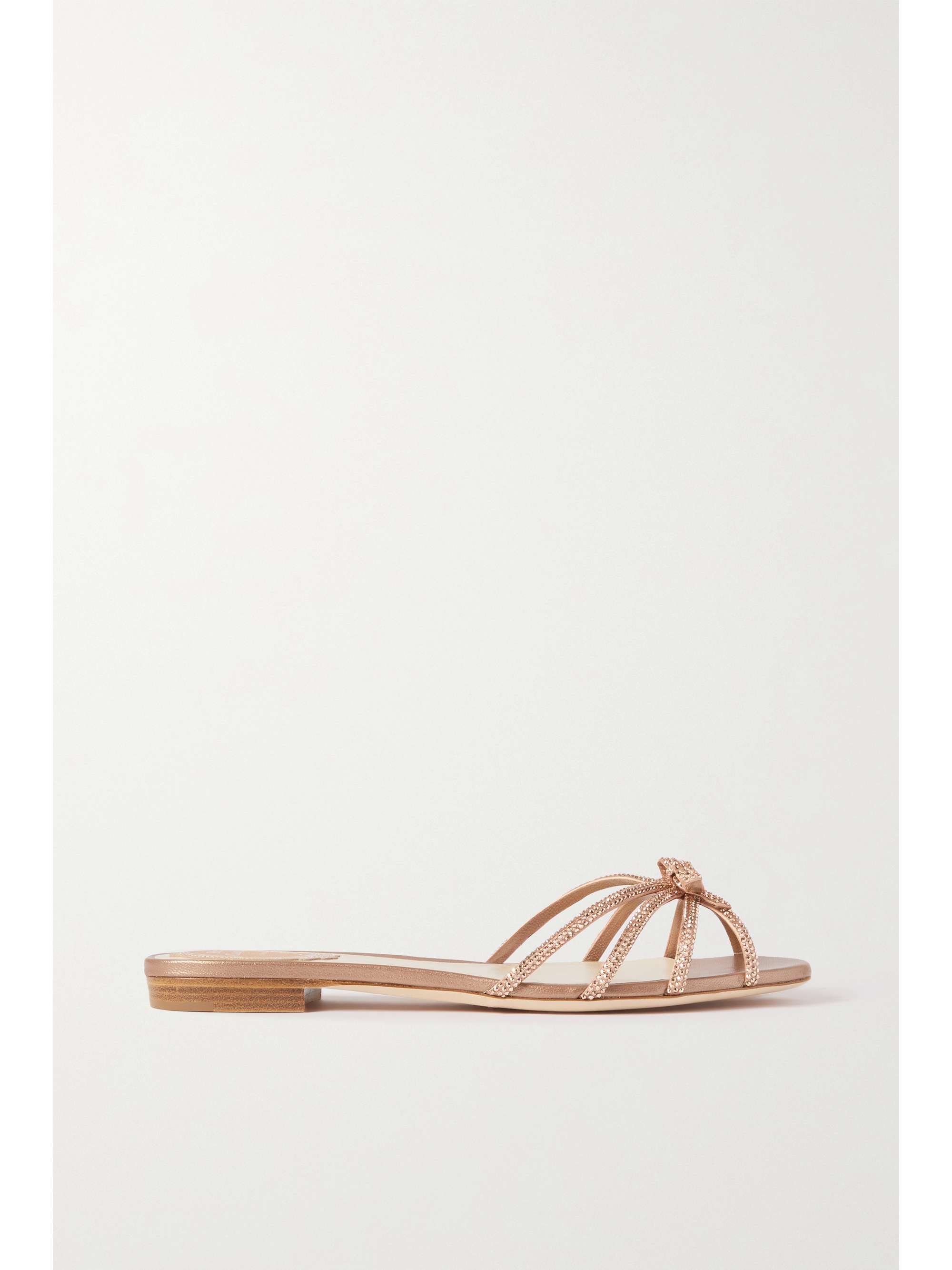 RENÃ CAOVILLA Bow-detailed crystal-embellished satin and metallic leather mules | NET-A-PORTER