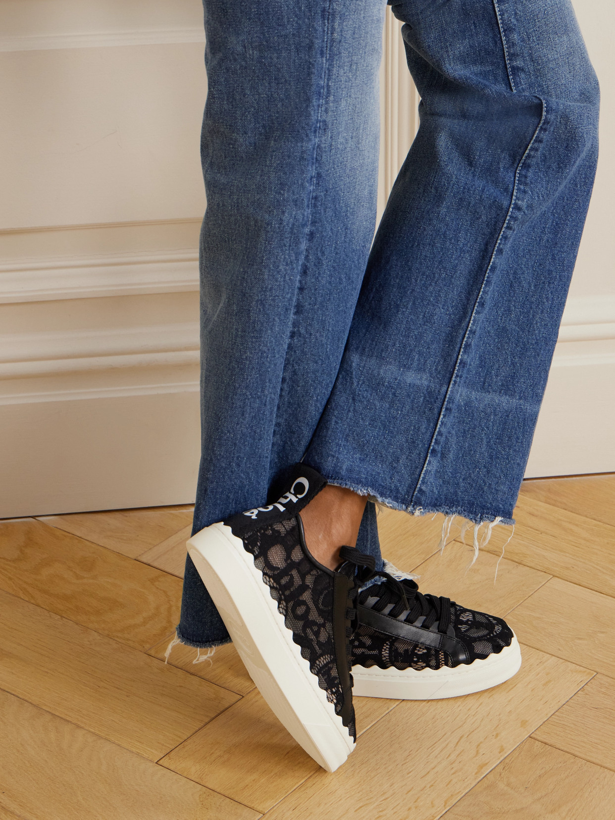 Shop Chloé Lauren Scalloped Logo-detailed Lace And Leather Sneakers In Black