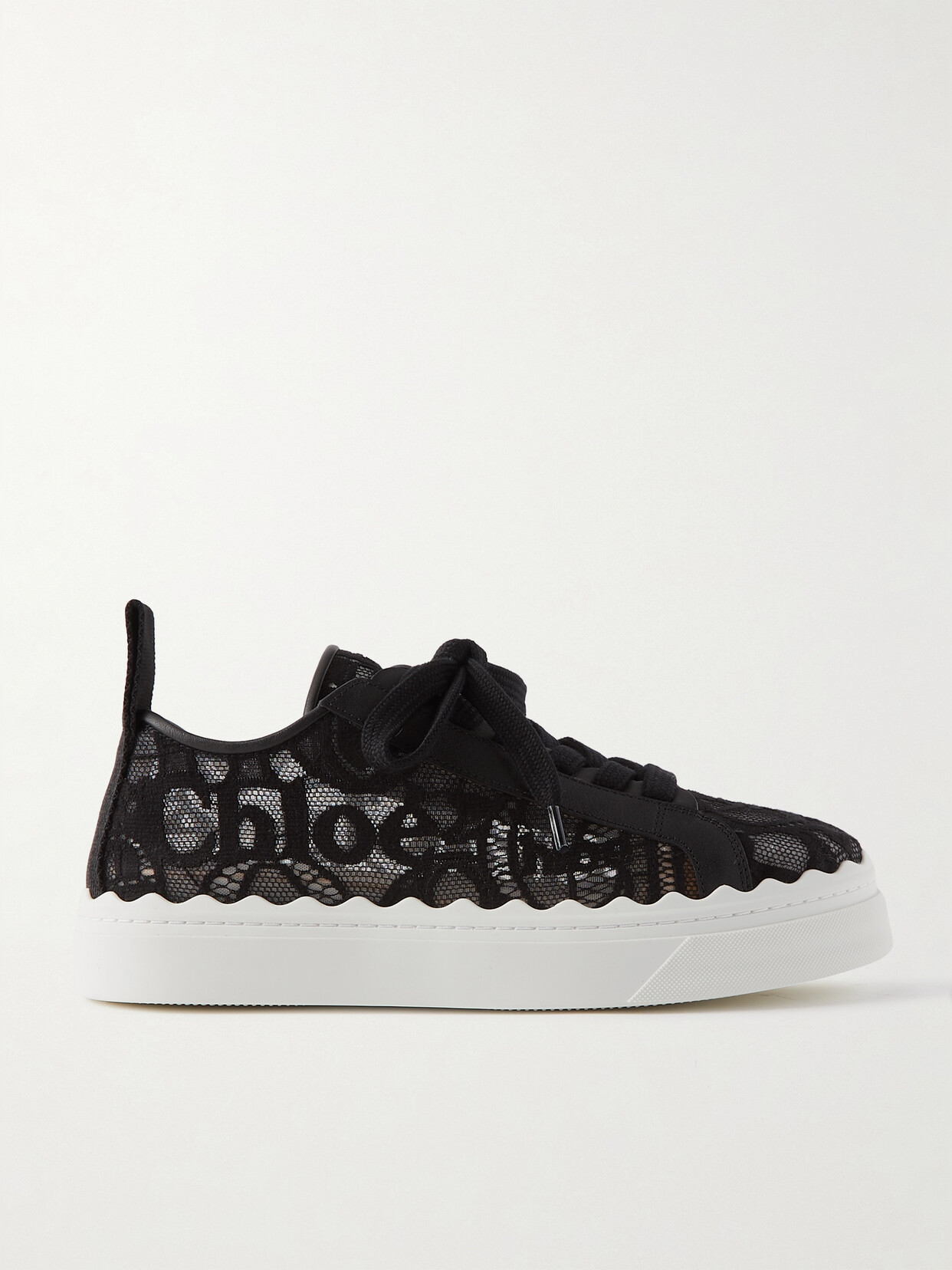 Chloé Lauren Scalloped Logo-detailed Lace And Leather Sneakers In Black