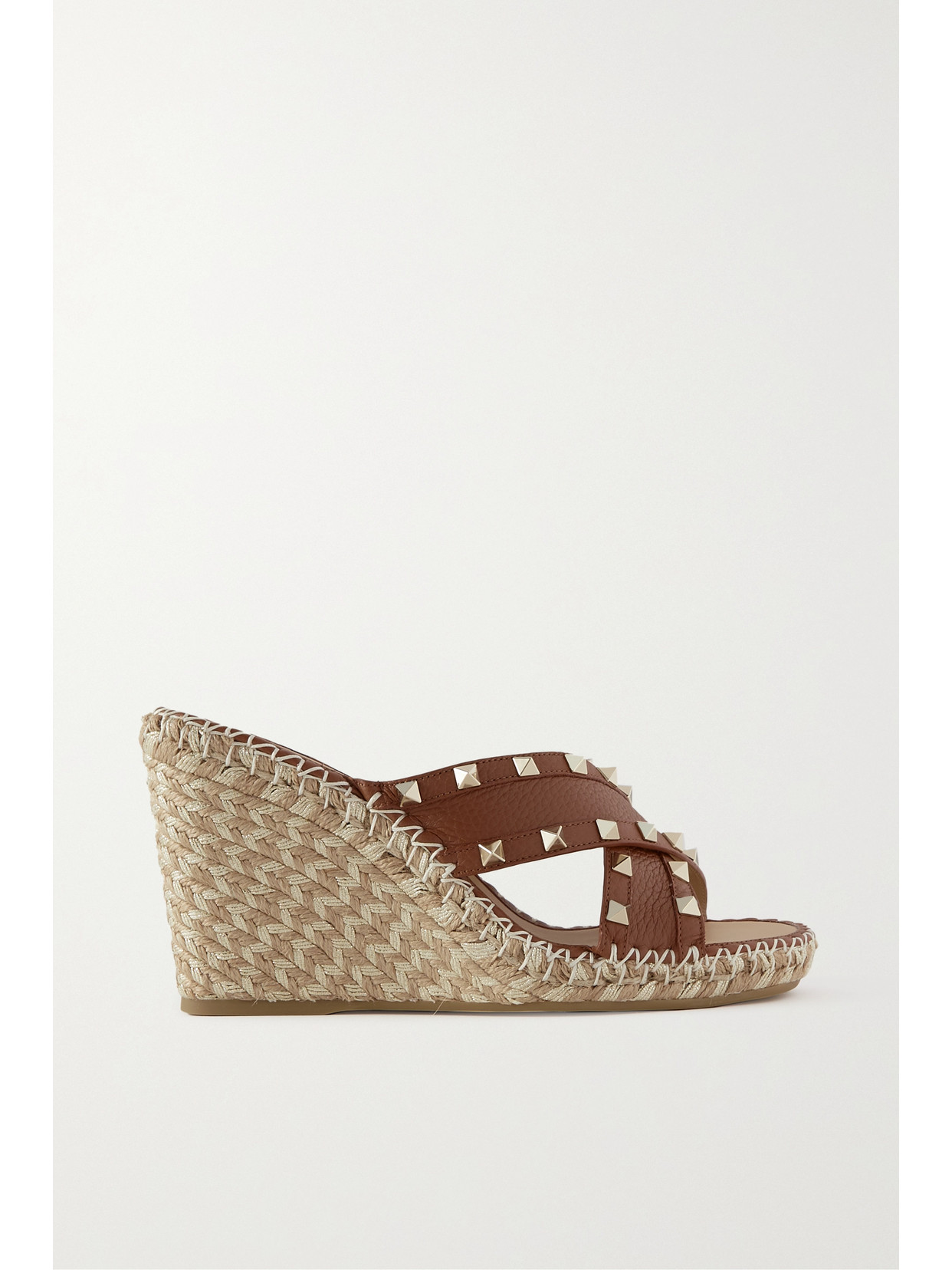 Valentino Rockstud Torchun Leather Espadrille Wedges In Brown