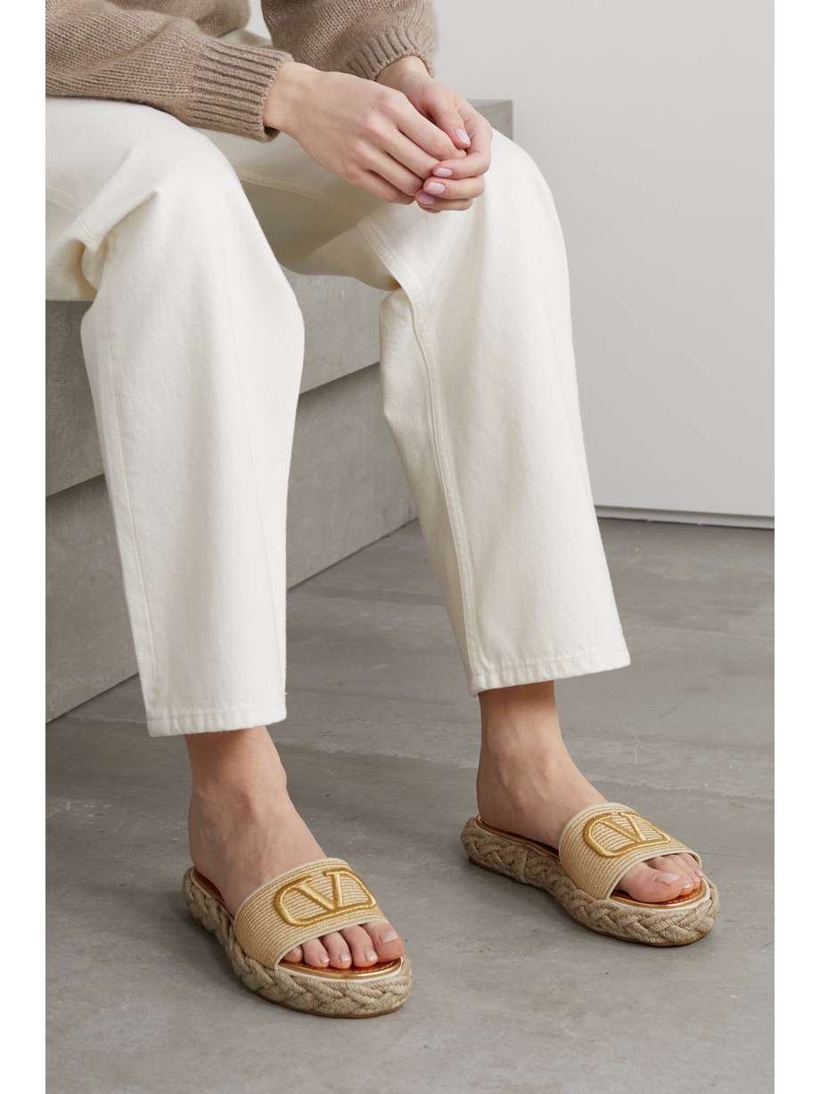 Beige Valentino Garavani VLOGO embroidered woven espadrille slides | VALENTINO GARAVANI | NET-A 