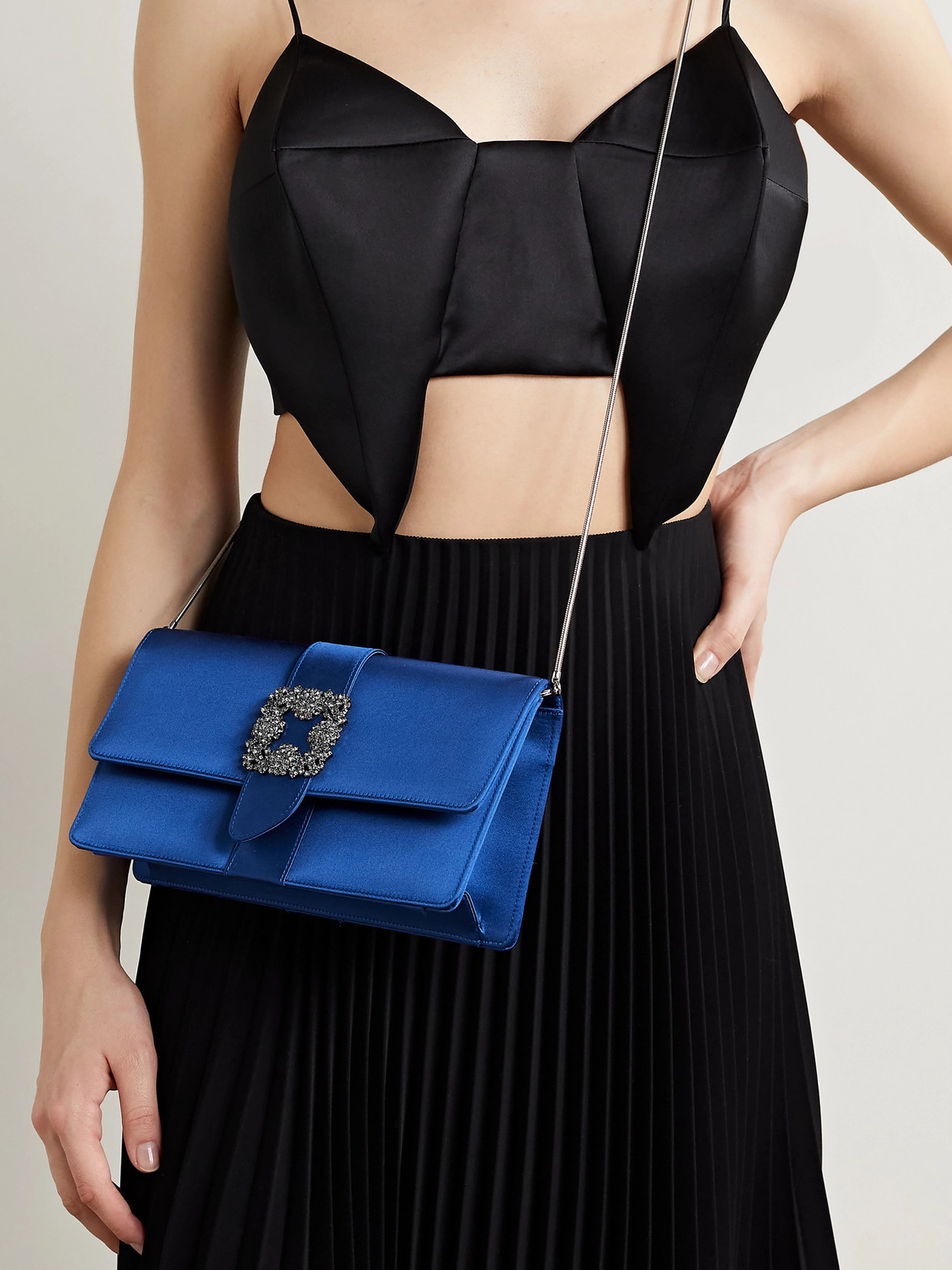 MANOLO BLAHNIK CAPRI CRYSTAL-EMBELLISHED SATIN CLUTCH