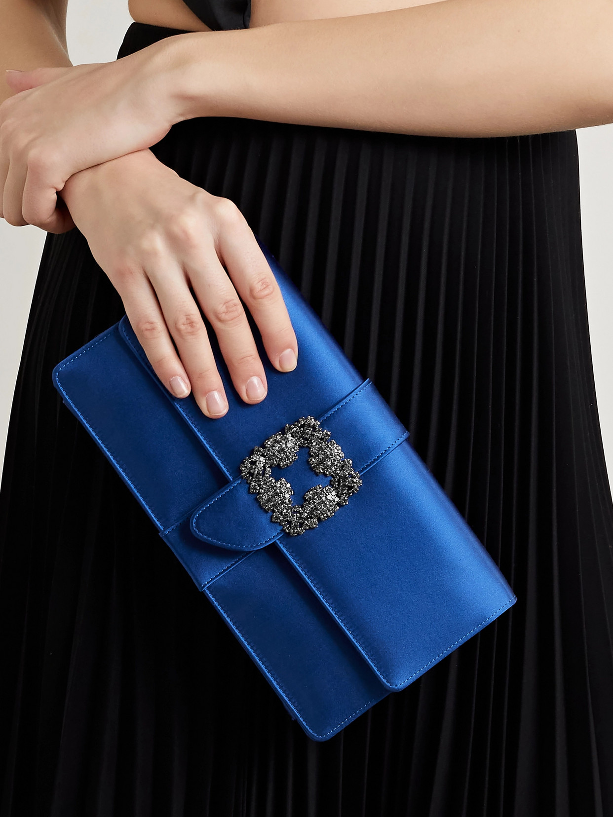 Shop Manolo Blahnik Capri Crystal-embellished Satin Clutch In Blue