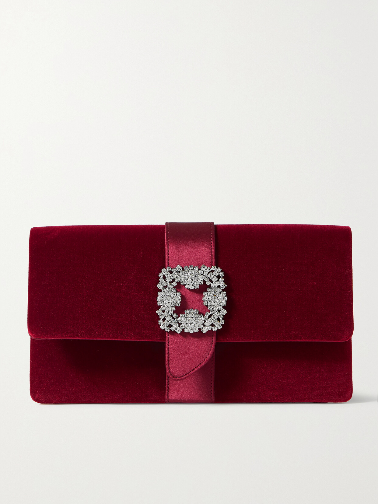 Manolo Blahnik Capri Crystal-embellished Satin-trimmed Velvet Clutch In Burgundy