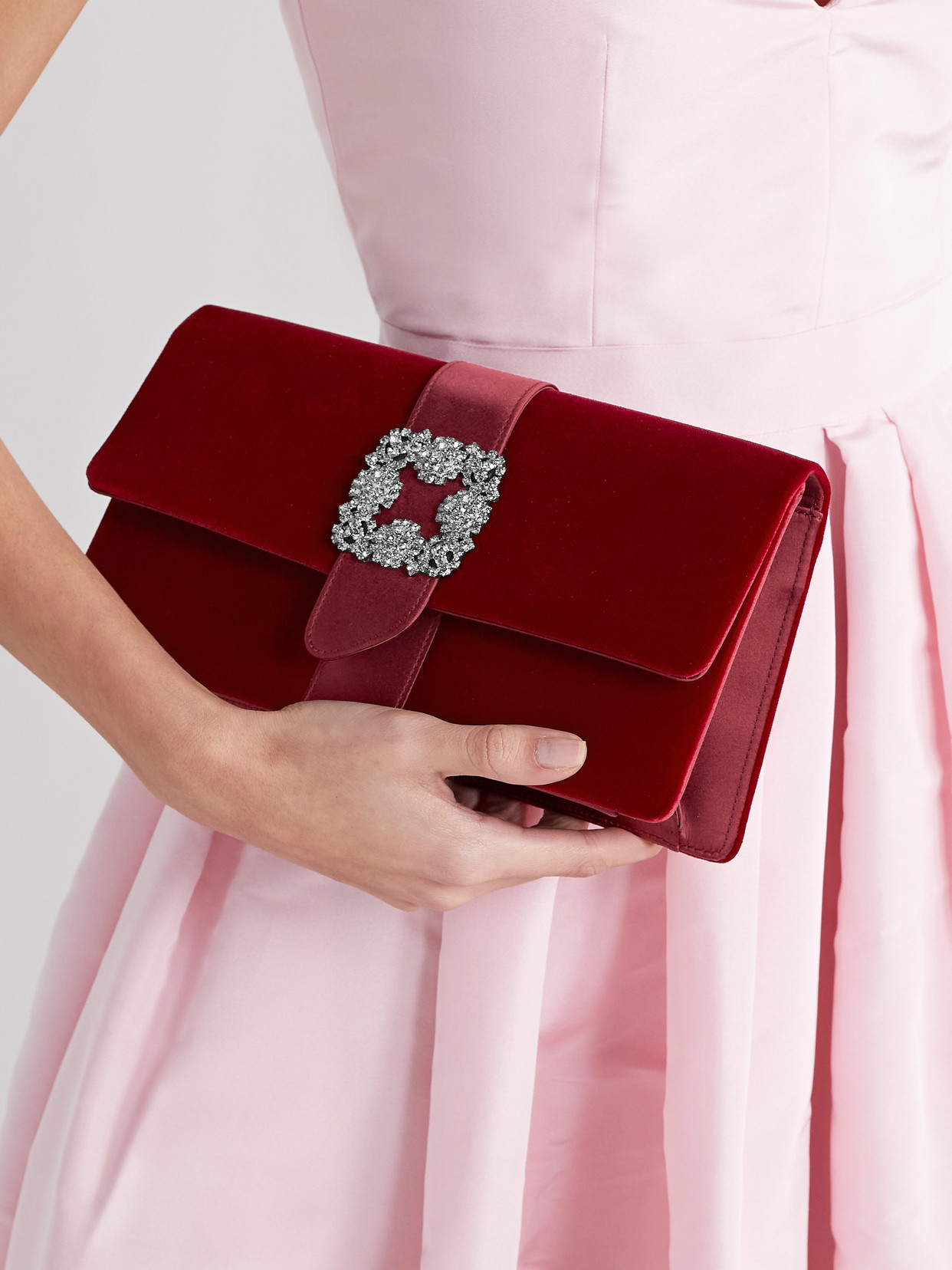 Shop Manolo Blahnik Capri Crystal-embellished Satin-trimmed Velvet Clutch In Burgundy