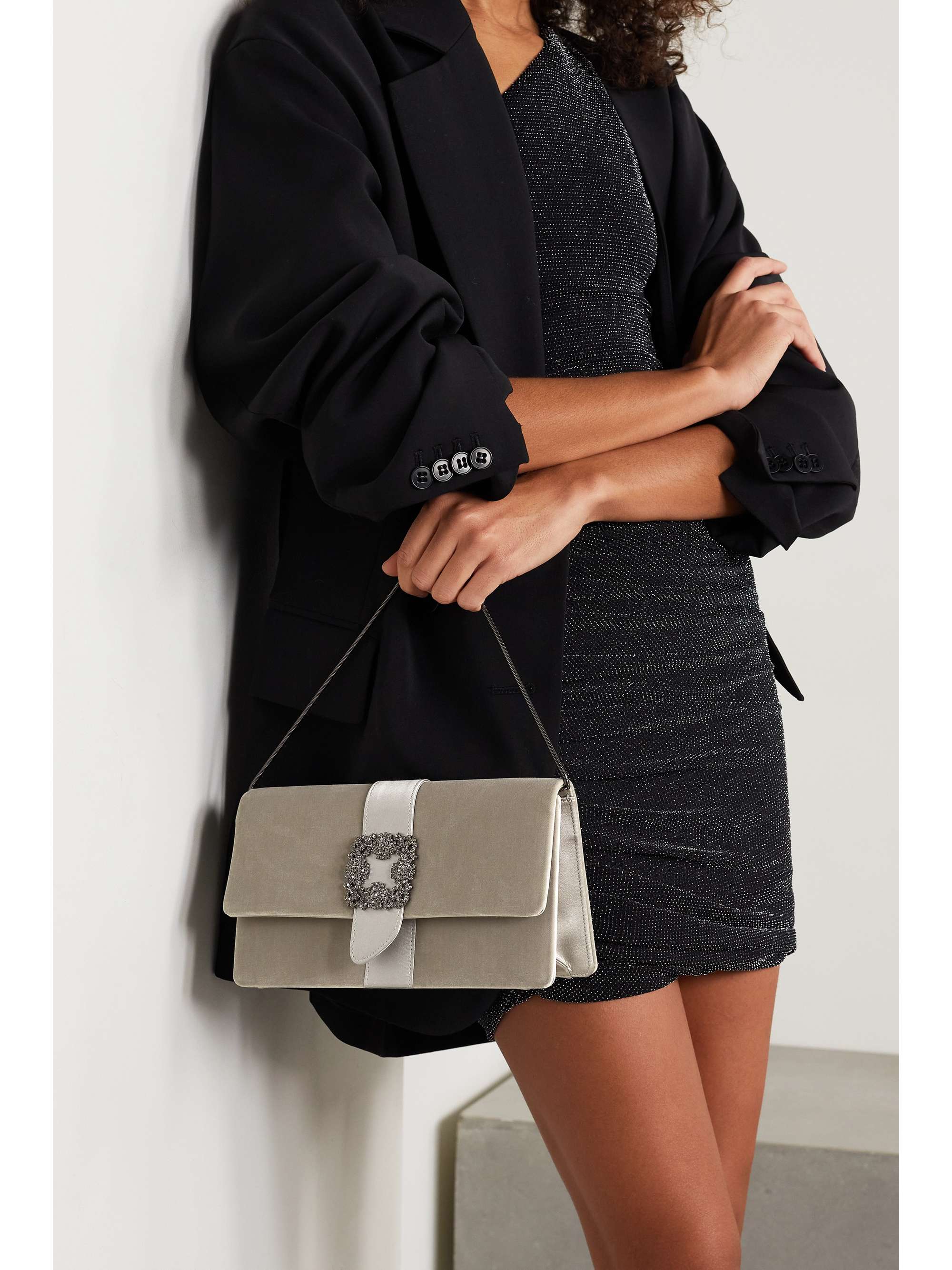 MANOLO BLAHNIK Capri crystal-embellished satin-trimmed velvet clutch