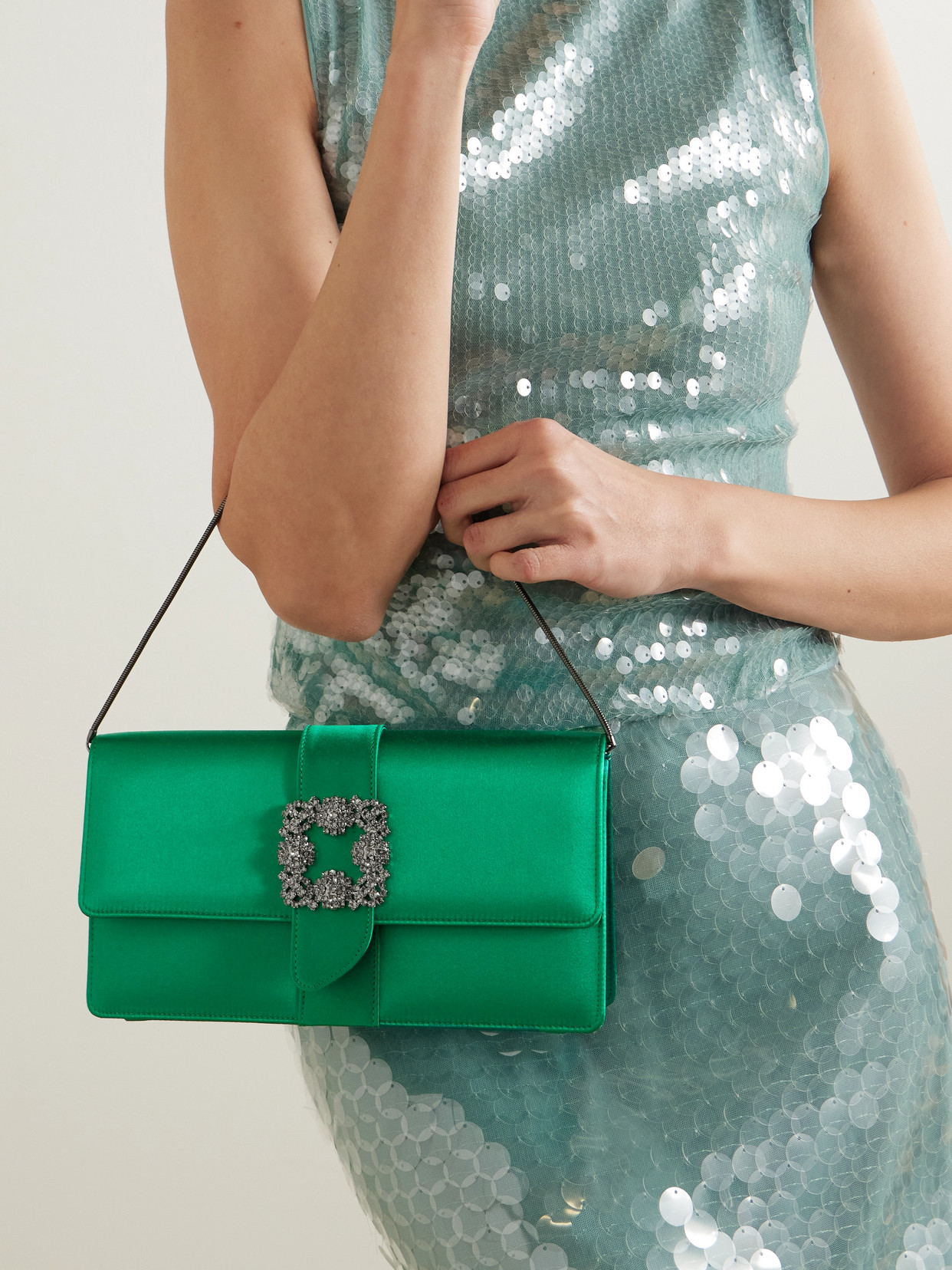 Shop Manolo Blahnik Capri Crystal-embellished Satin Clutch In Green