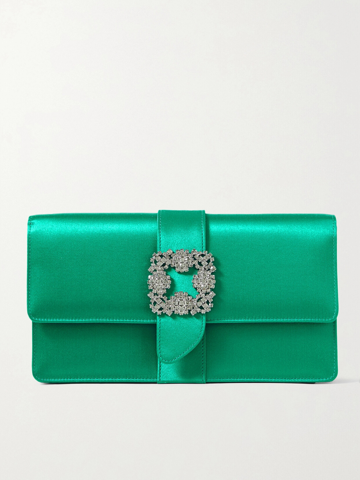 Shop Manolo Blahnik Capri Crystal-embellished Satin Clutch In Green