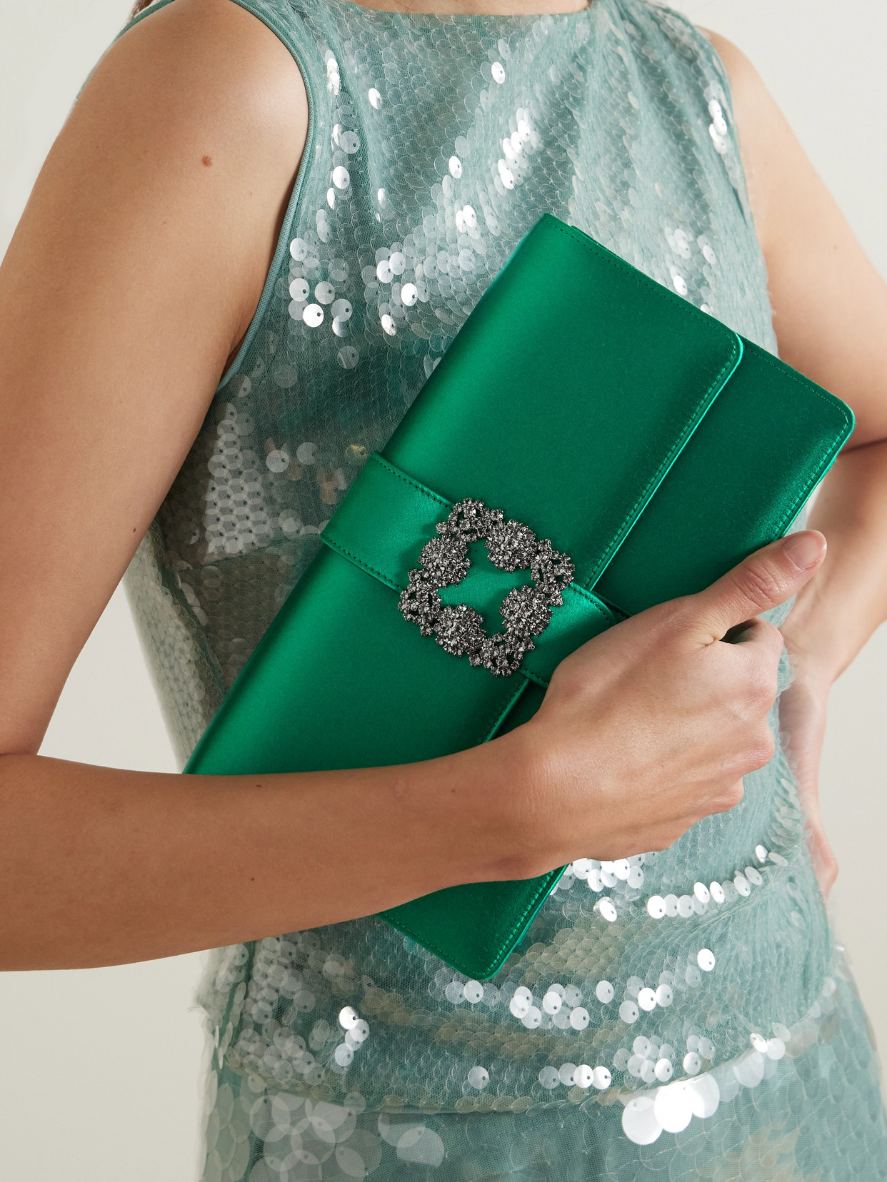 Shop Manolo Blahnik Capri Crystal-embellished Satin Clutch In Green