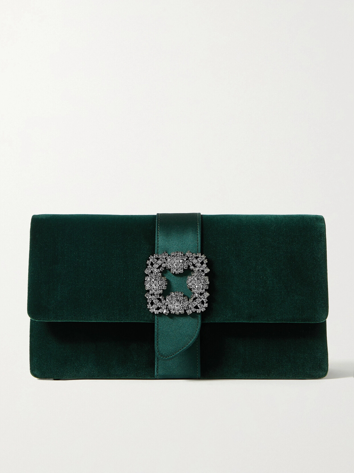 Manolo Blahnik Capri Crystal-embellished Satin-trimmed Velvet Clutch In Green