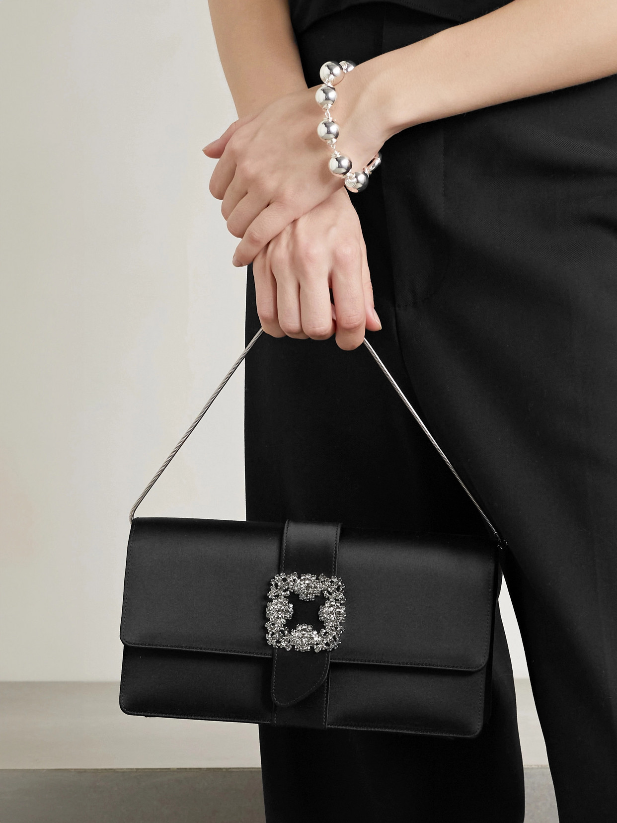 Manolo Blahnik Capri Crystal-embellished Pintucked Satin Clutch In Black