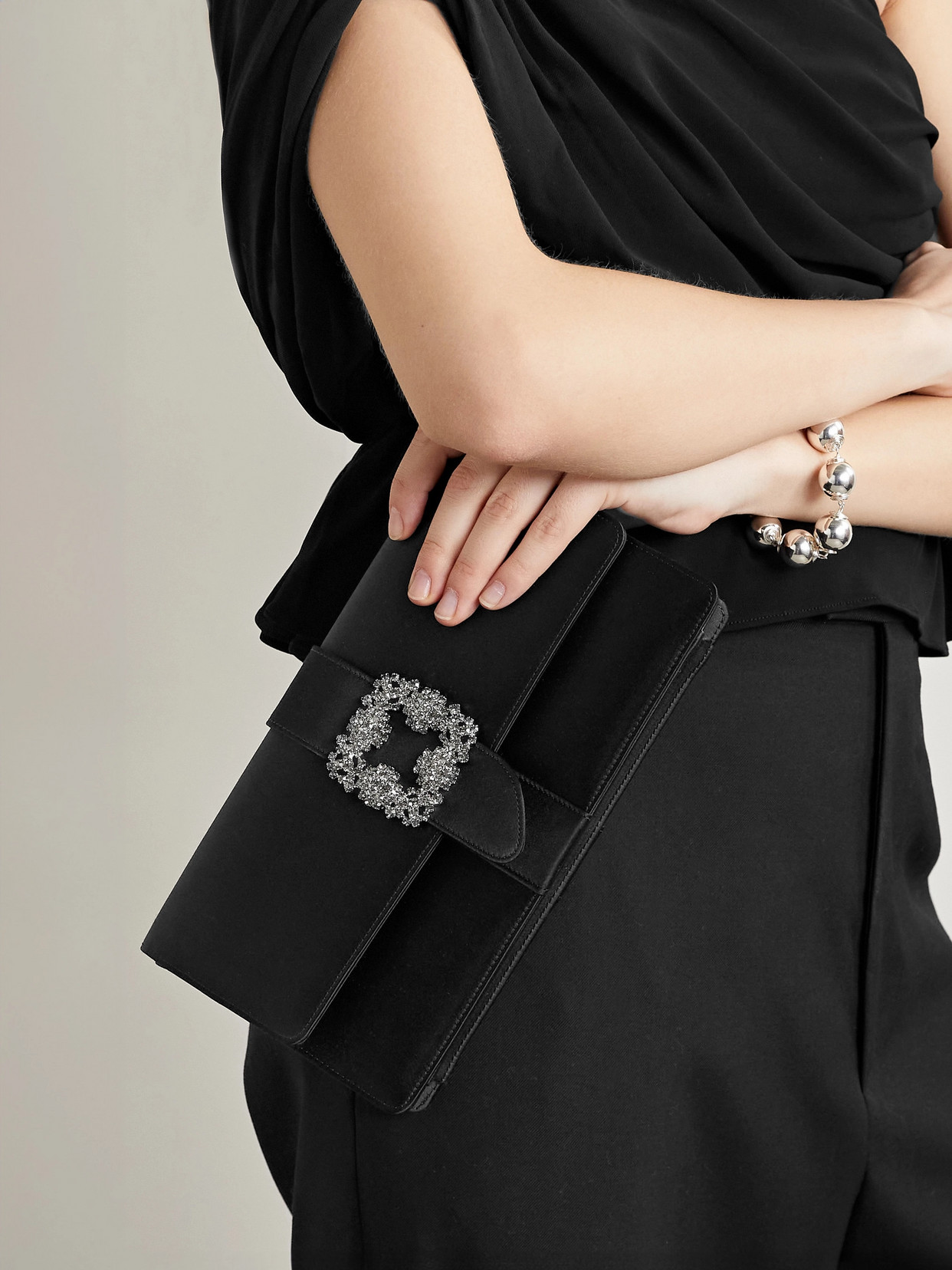 Shop Manolo Blahnik Capri Crystal-embellished Satin Clutch In Black