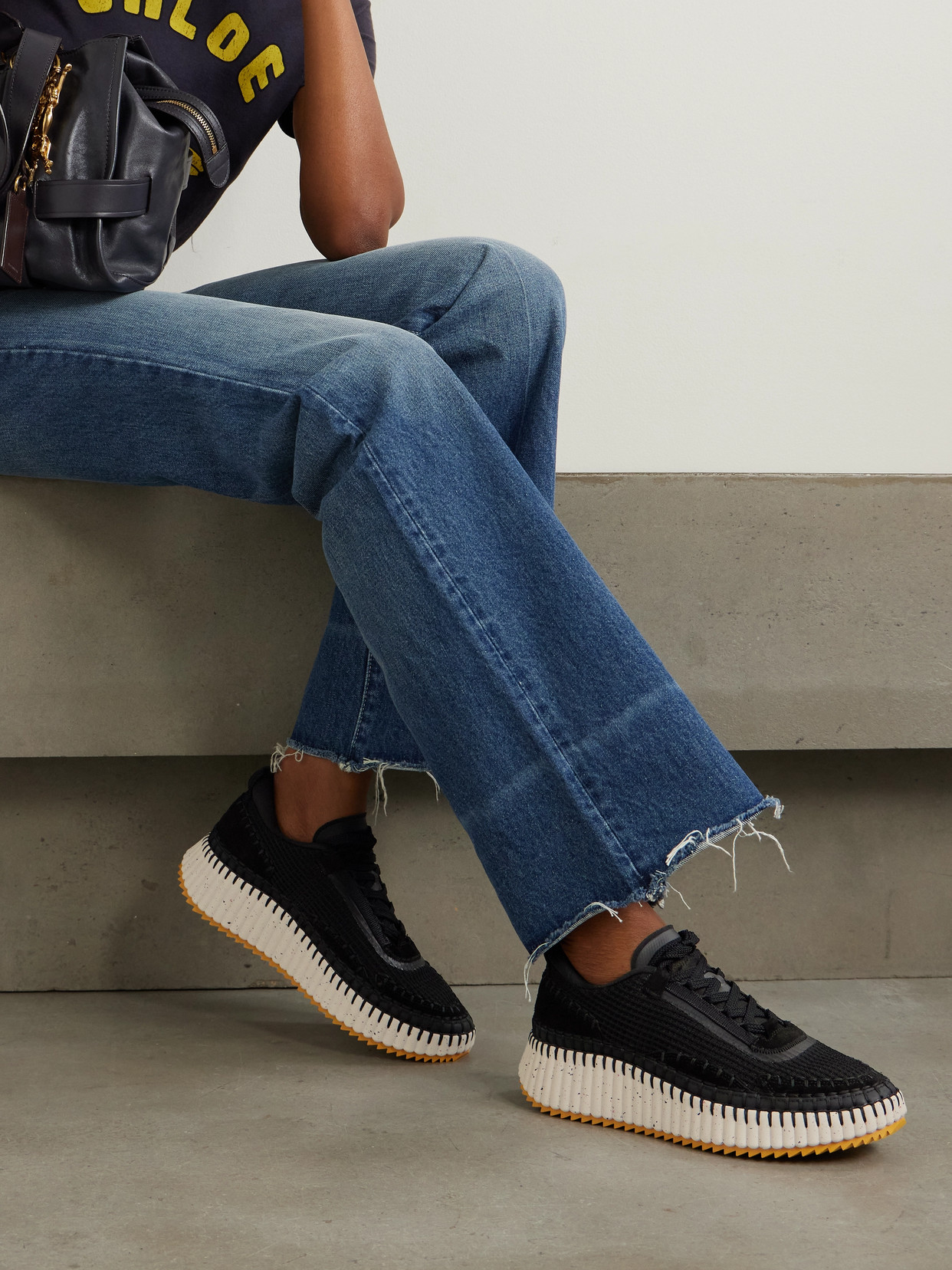 Chloé Nama Embroidered Suede And Recycled-mesh Sneakers In Black