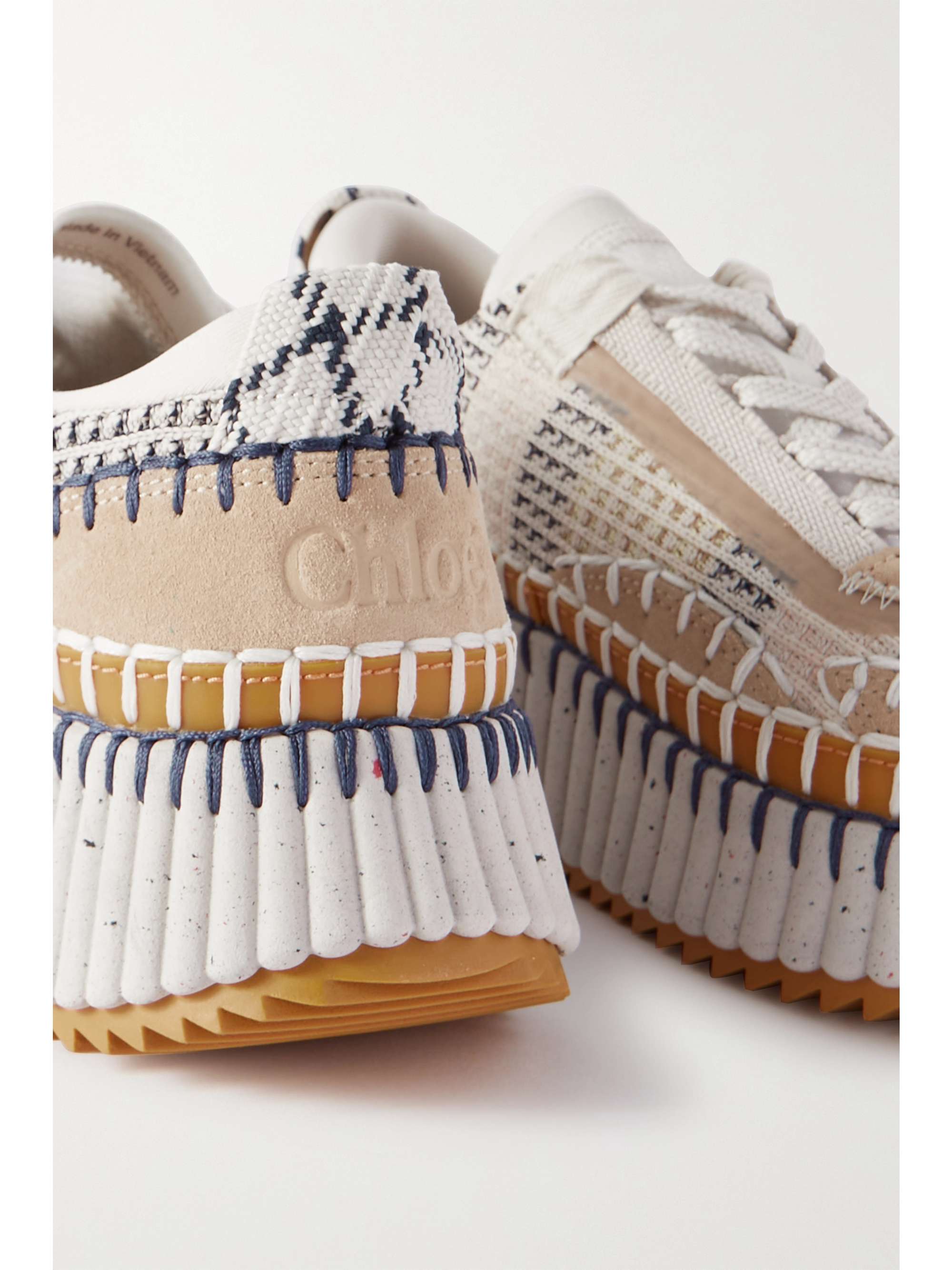 CHLOÉ + NET SUSTAIN Nama embroidered suede and recycled-mesh sneakers