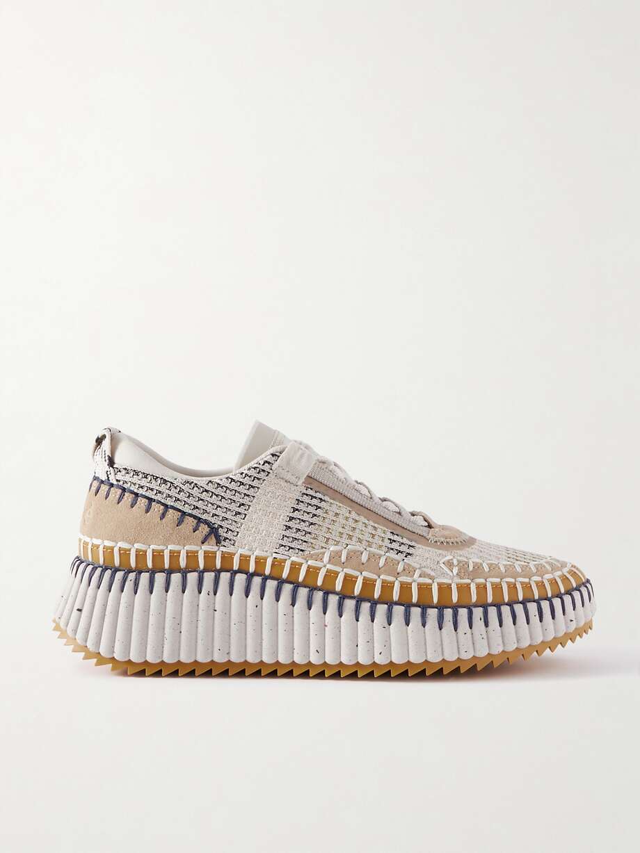 net-a-porter.com | CHLOÉ Nama embroidered suede and recycled mesh sneakers